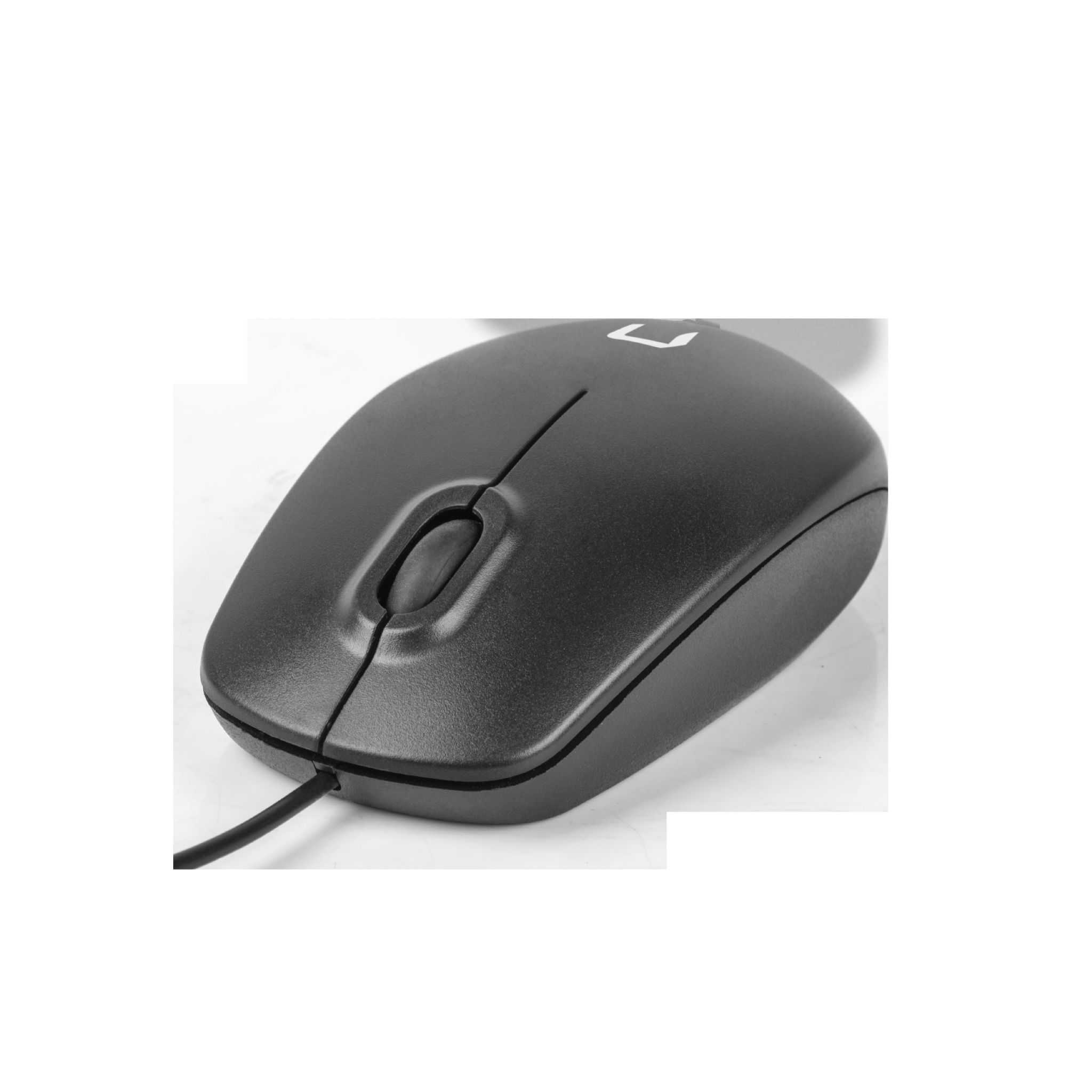 Widok z góry czarnej myszy komputerowej z kółkiem przewijania i czarnym kablem.