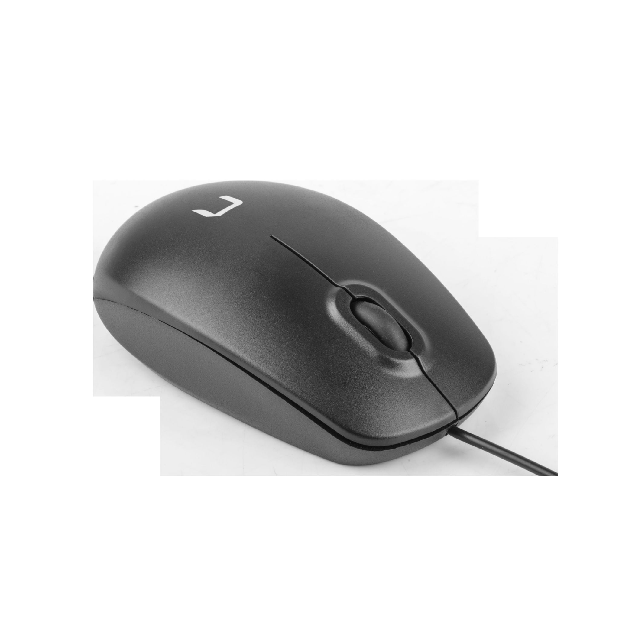 Czarna mysz komputerowa na białym tle. Ma logo.