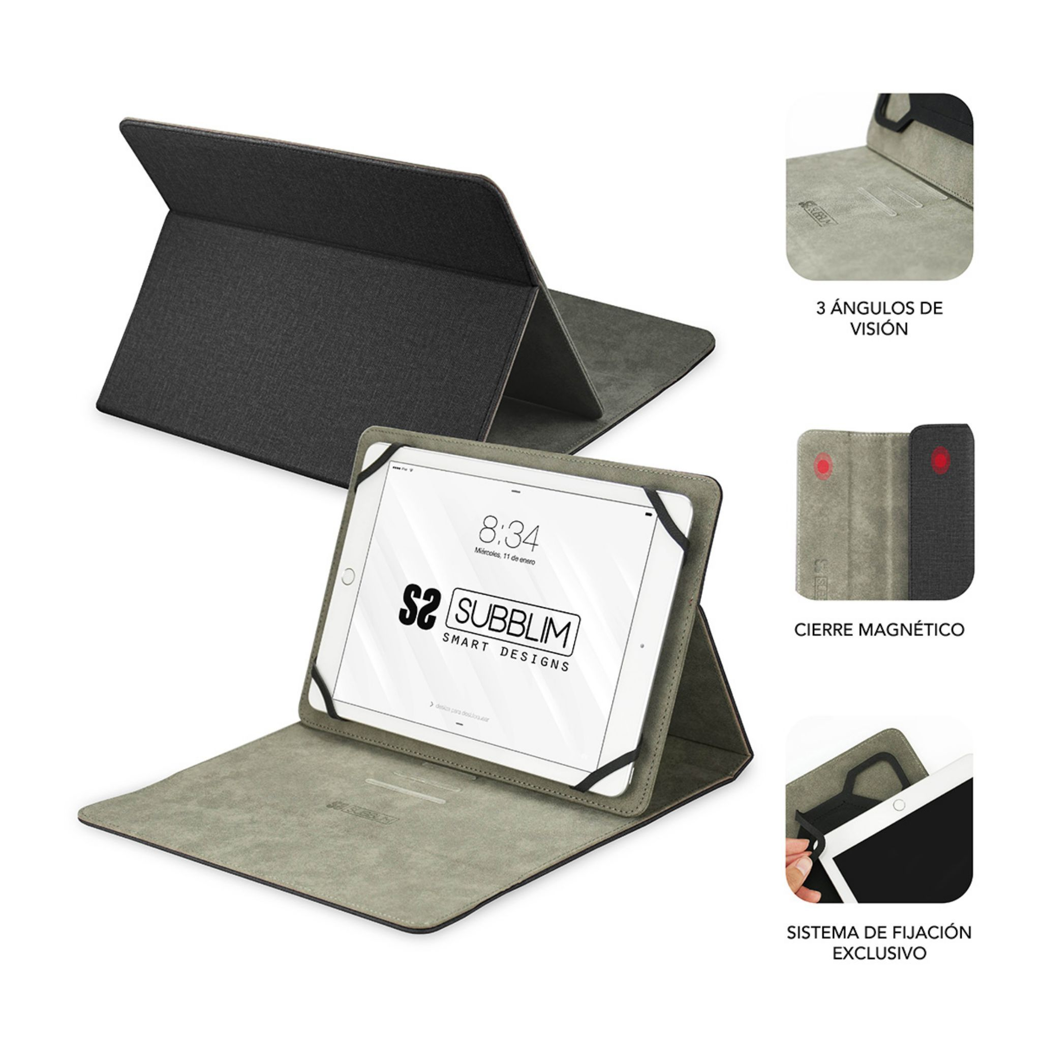 Funda de tableta, negra y gris. Tableta dentro. Varias vistas con cierre magnético.