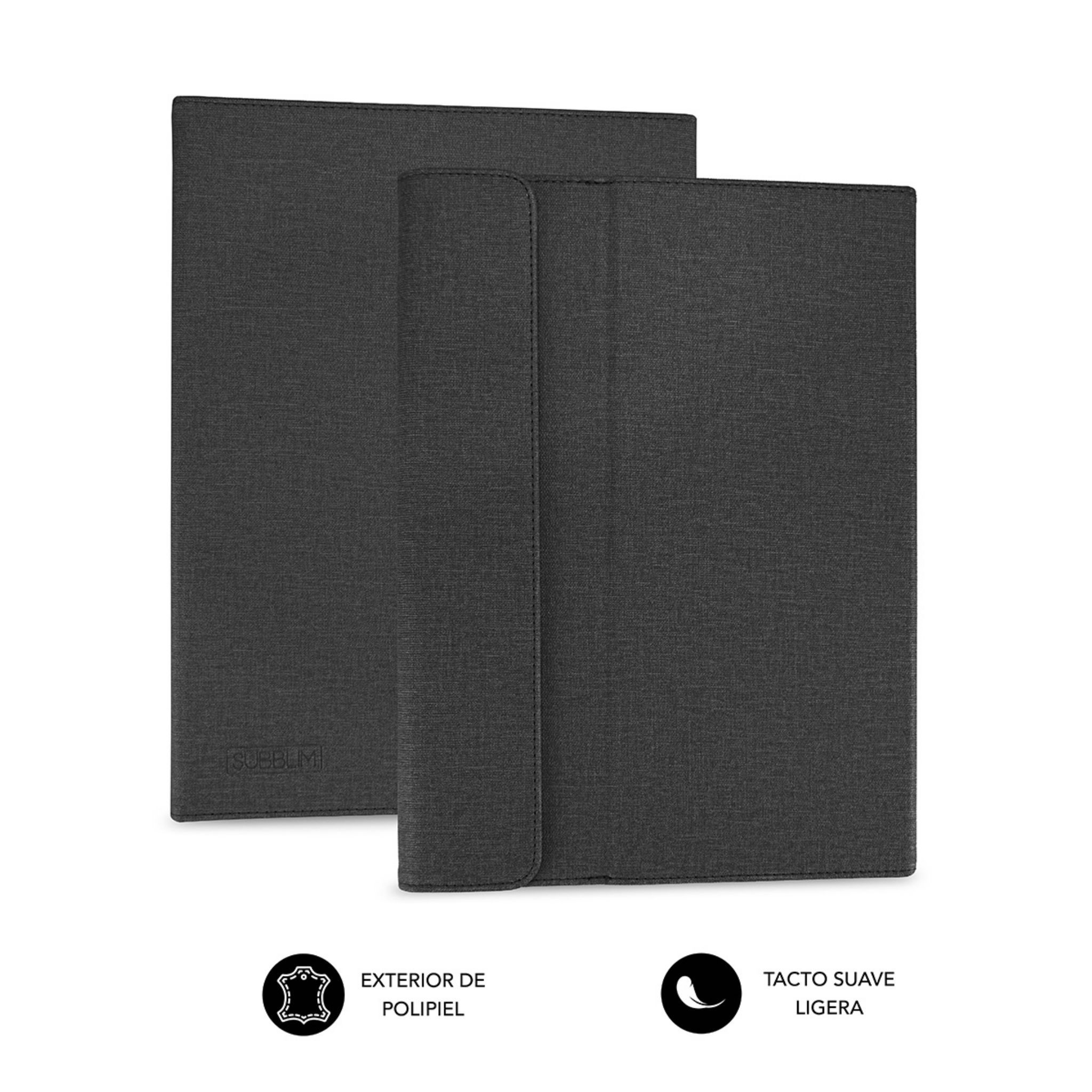 Dos fundas de tablet de tela gris oscuro. Una cerrada, otra abierta.