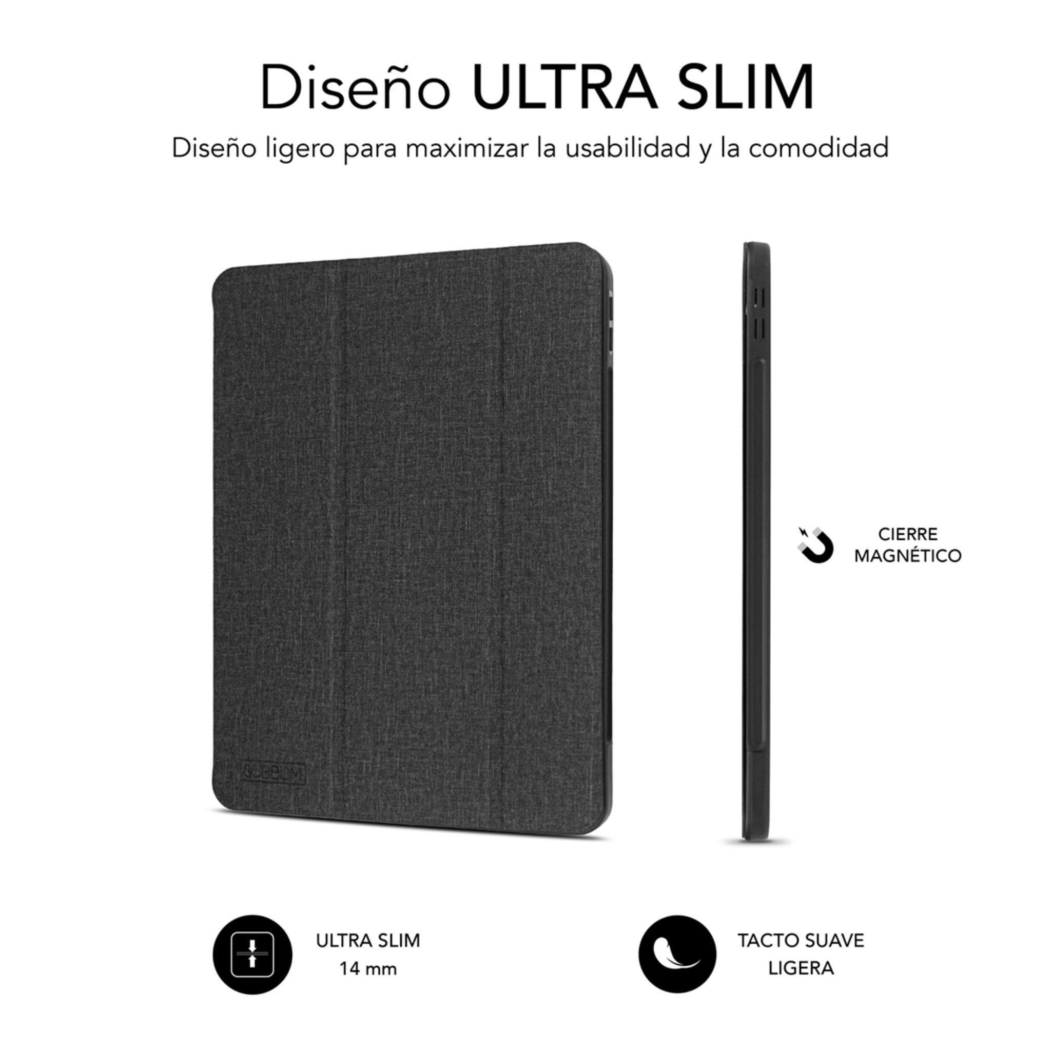 Una funda de tableta gris oscuro con cierre magnético, sobre una superficie blanca.
