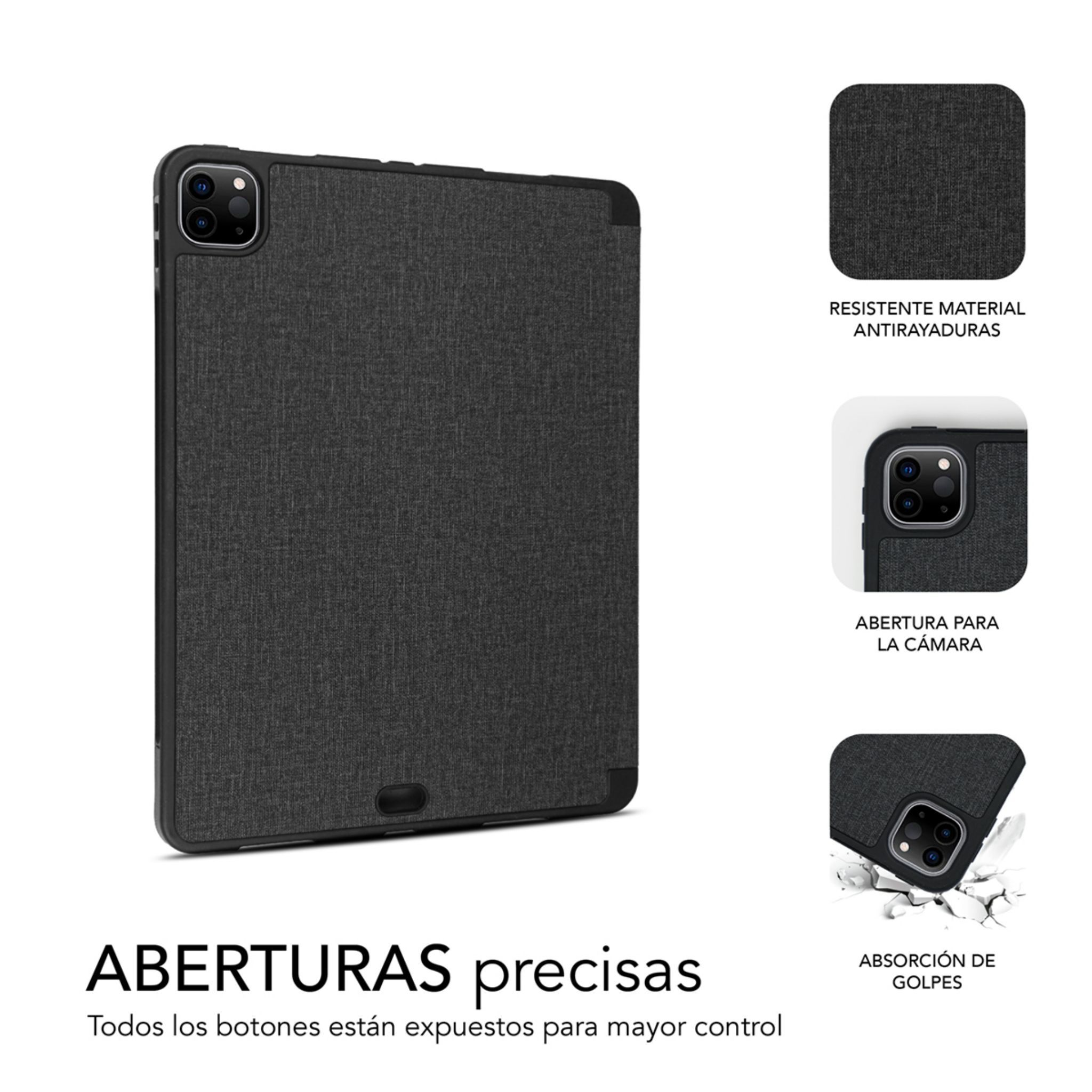 Funda negra para iPad Pro con cubierta texturizada. Fondo blanco.