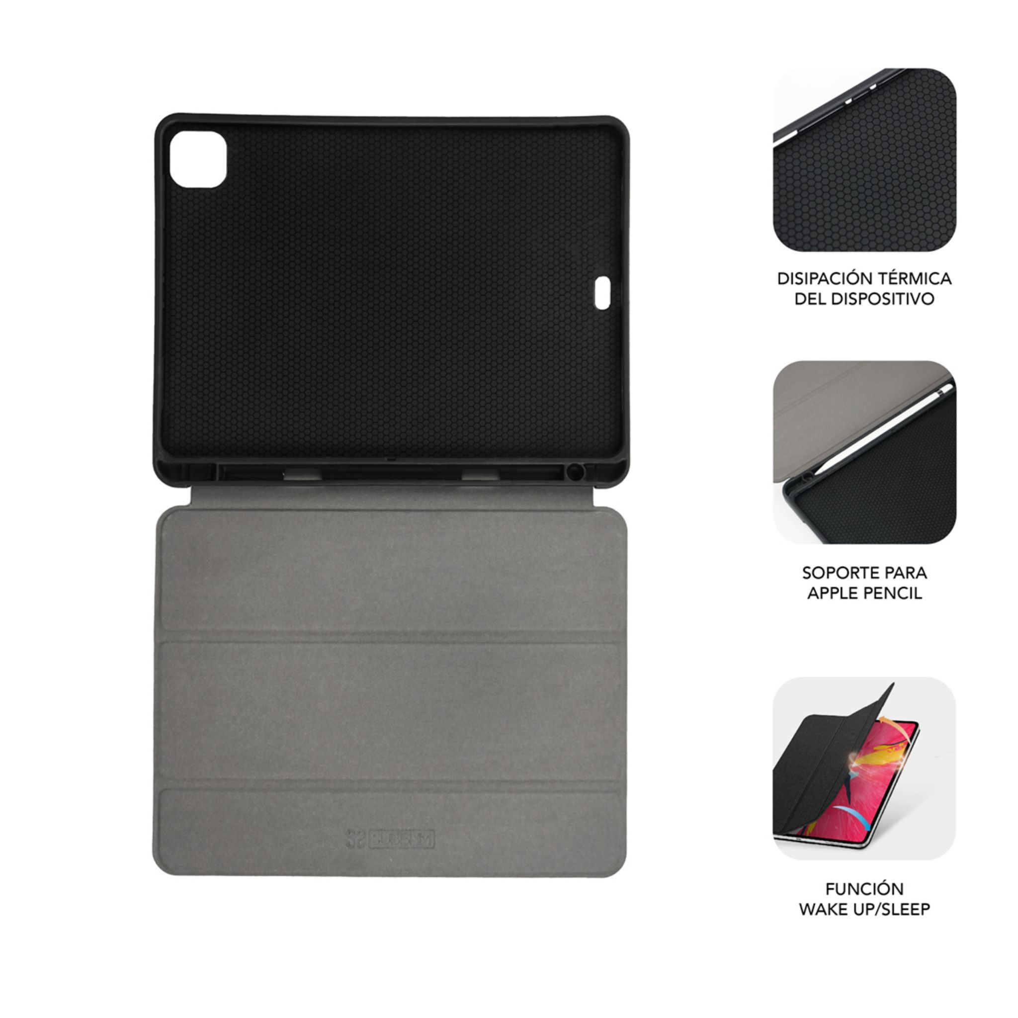 Funda para iPad, exterior gris, interior negro. Imágenes muestran disipación térmica, soporte Apple Pencil, y despertar/suspender.