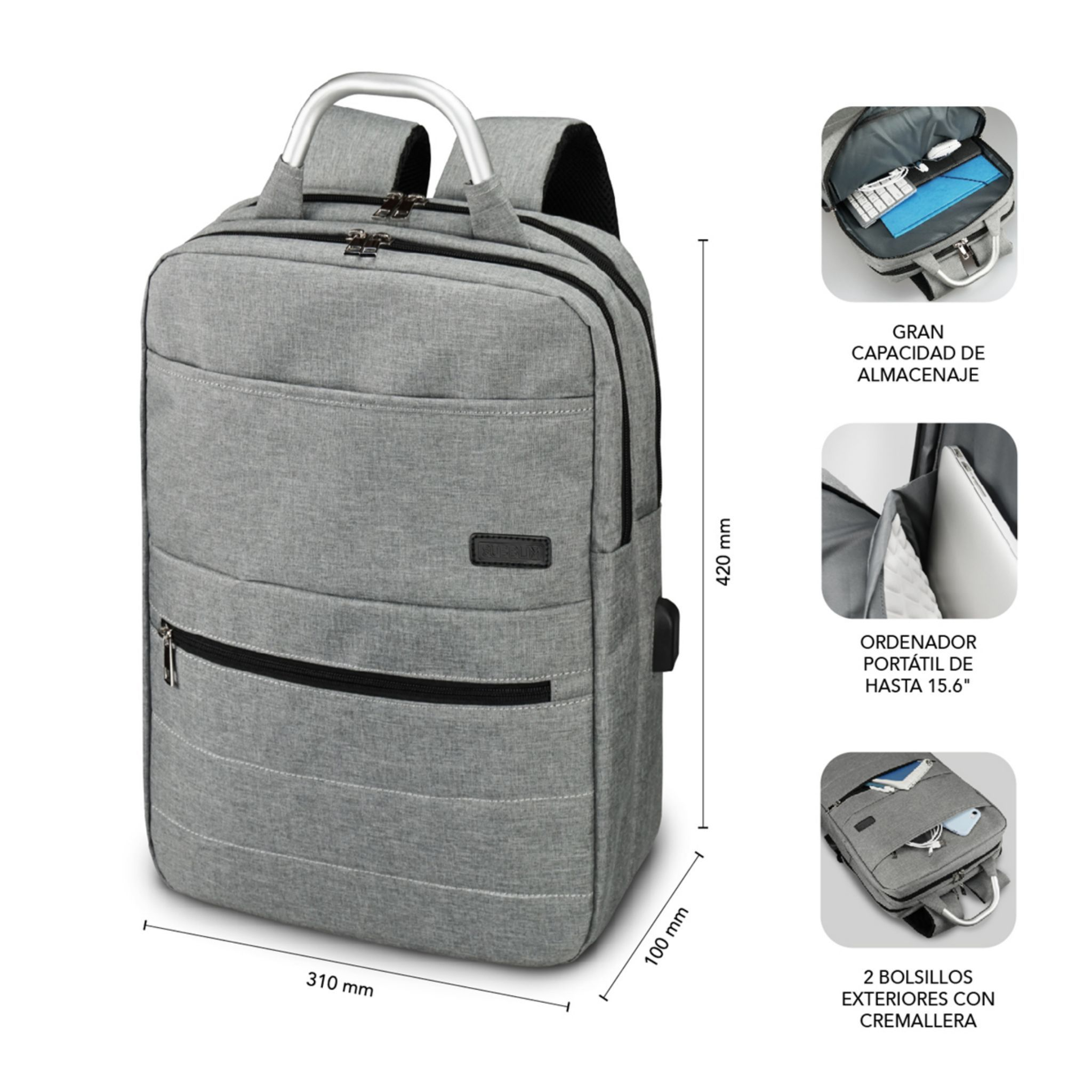 Una mochila gris con dimensiones y varias imágenes más pequeñas que muestran detalles de la bolsa.