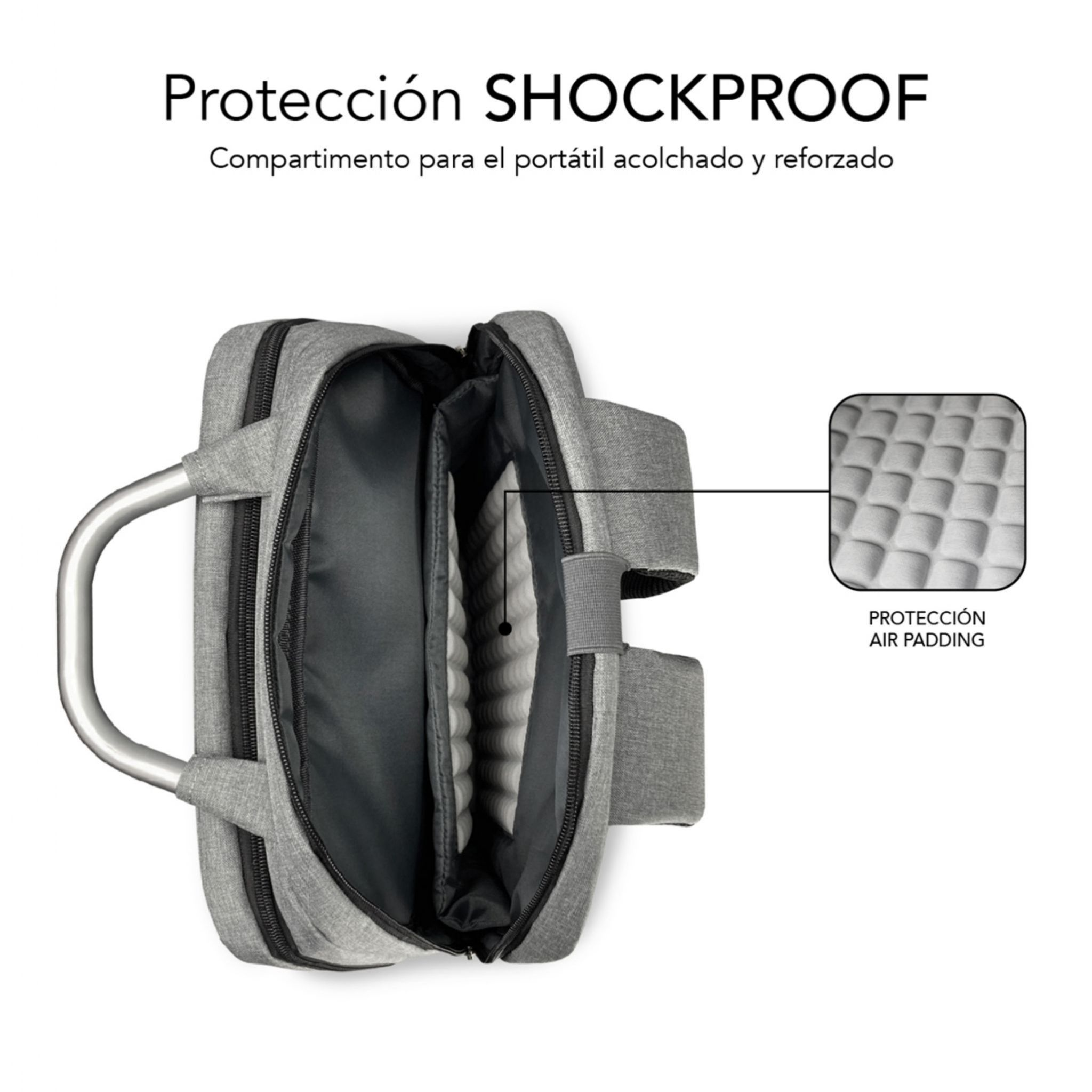 Bolsa para portátil gris, abierta. El interior tiene un compartimento acolchado y reforzado. La bolsa tiene asa y bandolera.