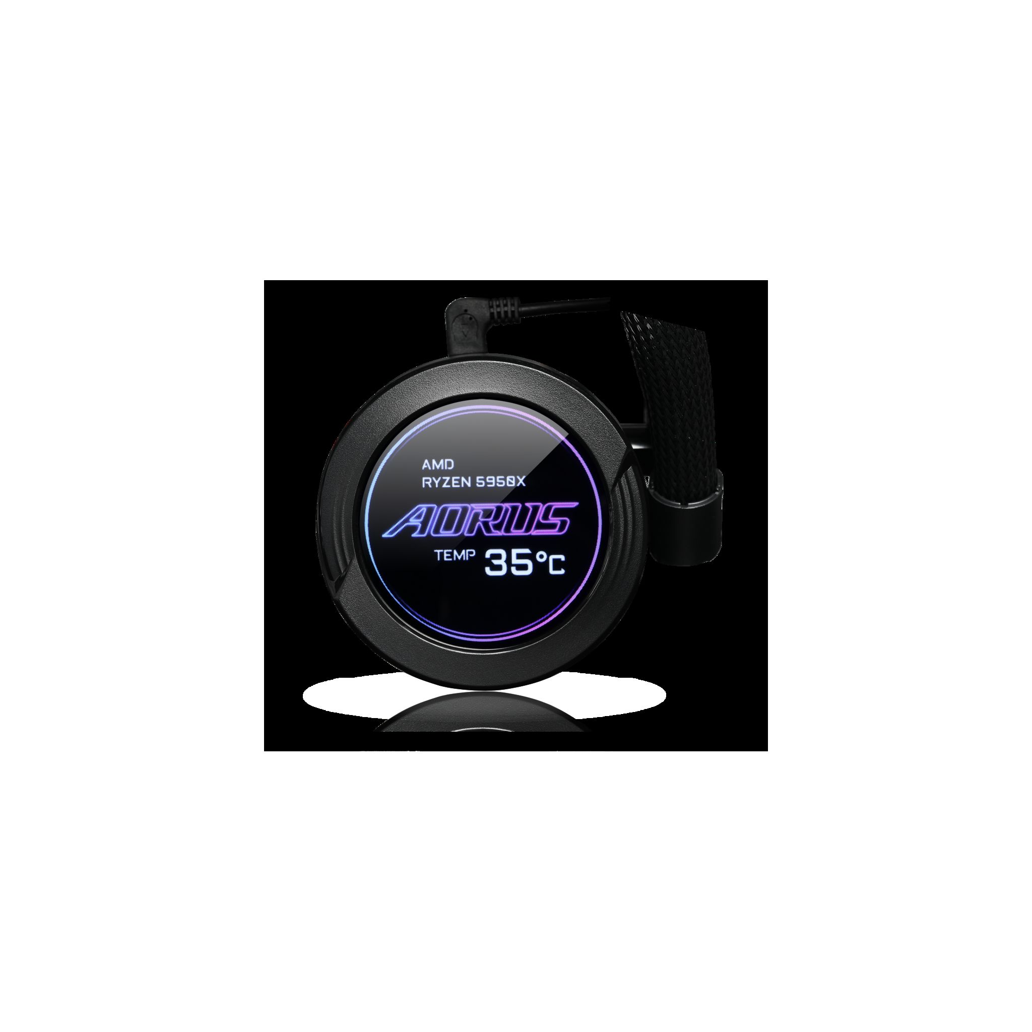 Dissipatore CPU Aorus nero con temperatura di 35°C. È su sfondo nero.
