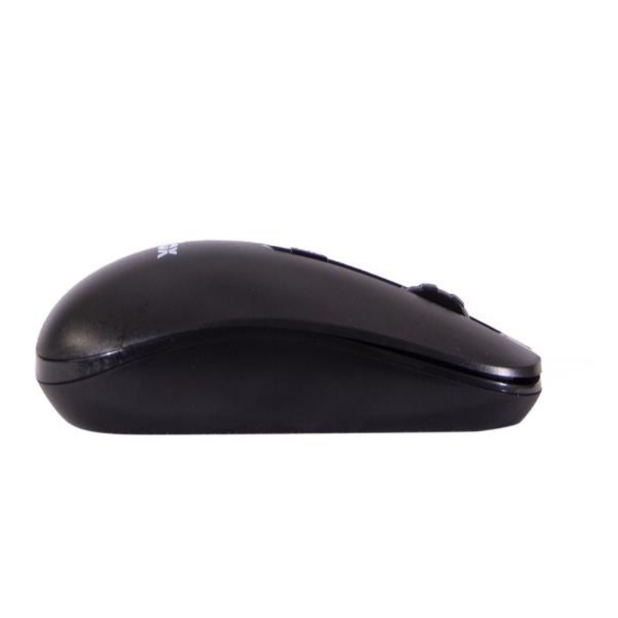 Mouse wireless nero. Vista laterale. Sfondo bianco.