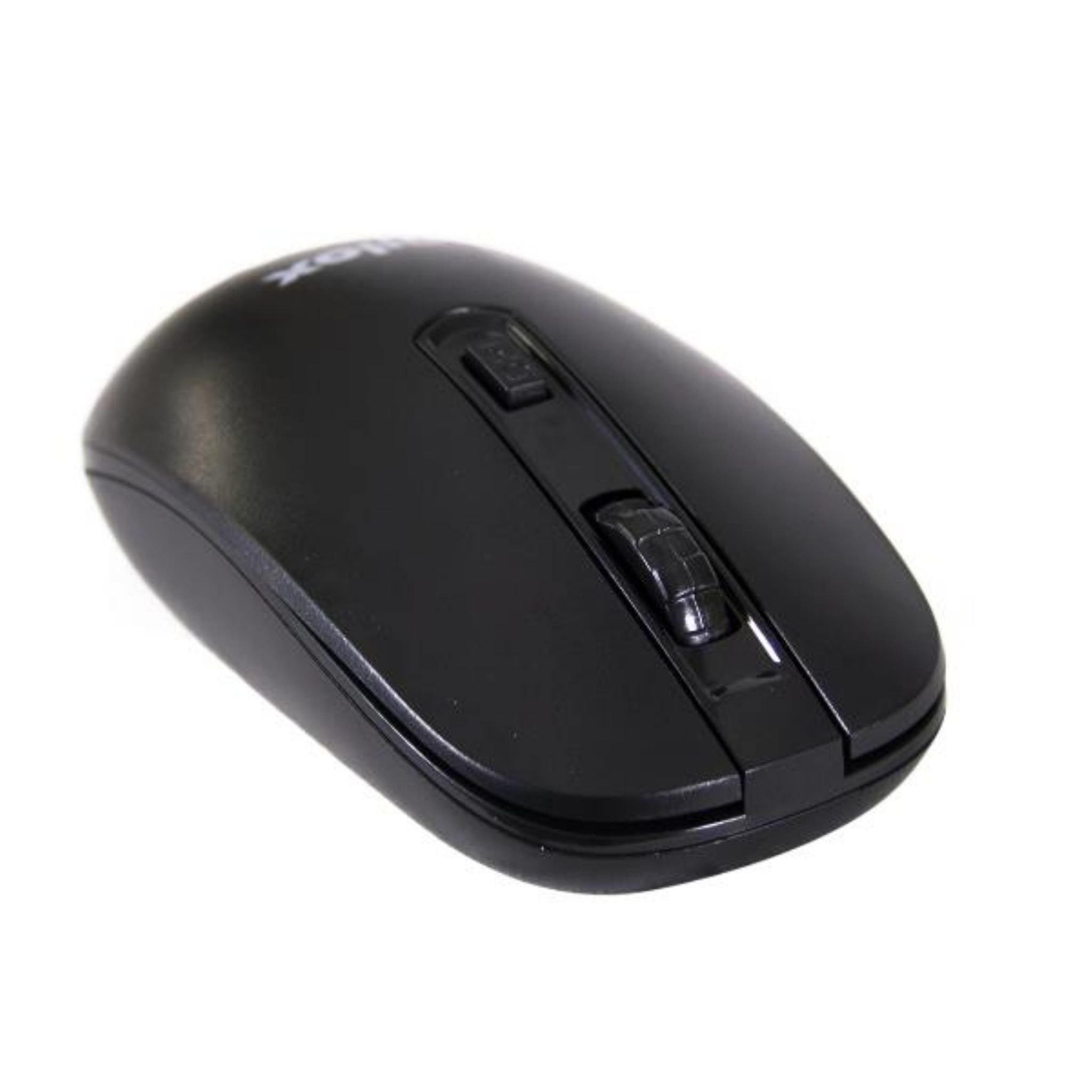 Un mouse wireless nero con una rotella di scorrimento e due pulsanti, su una superficie bianca.