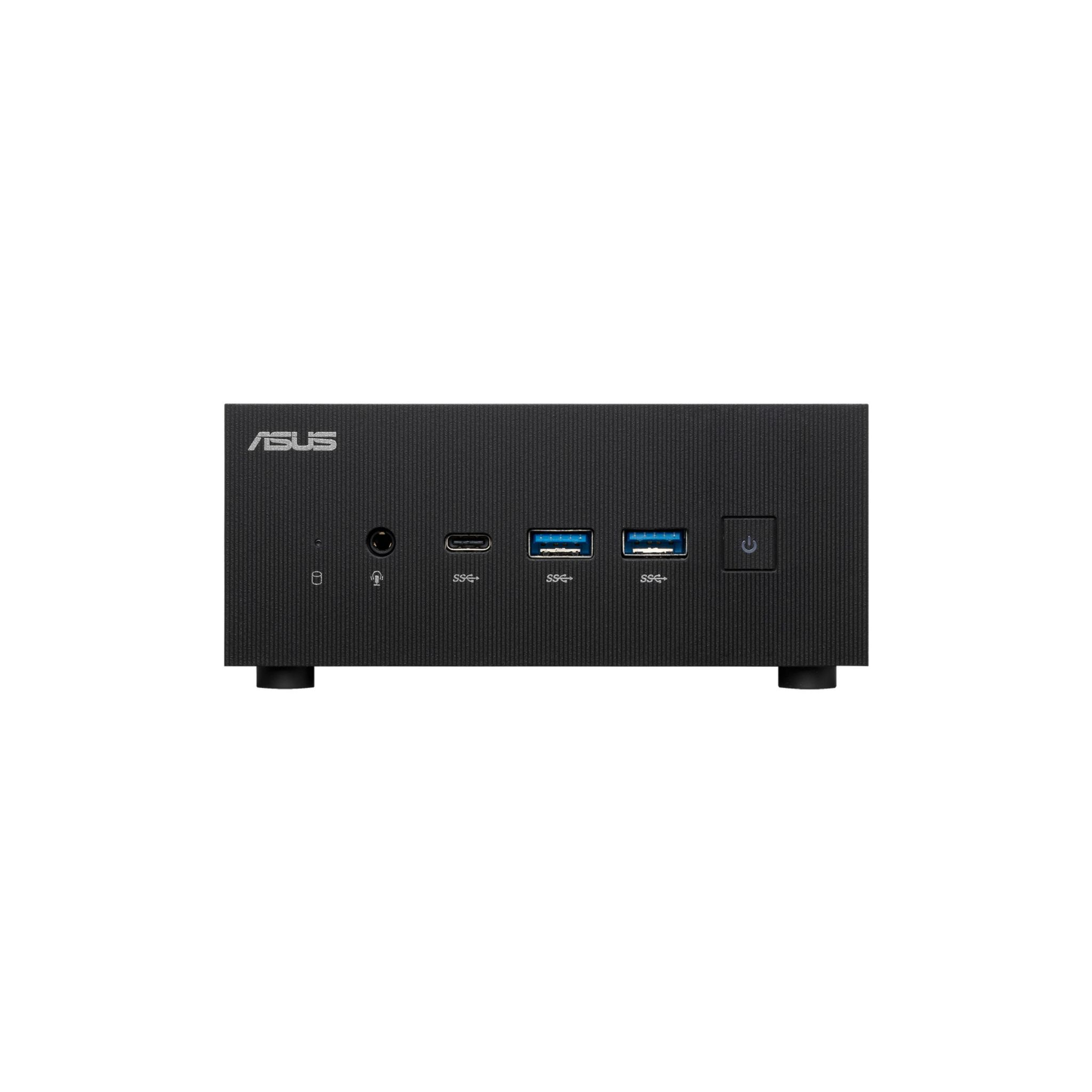 Mini PC Asus negro. Vista frontal, botón de encendido, puertos. Superficie negra.