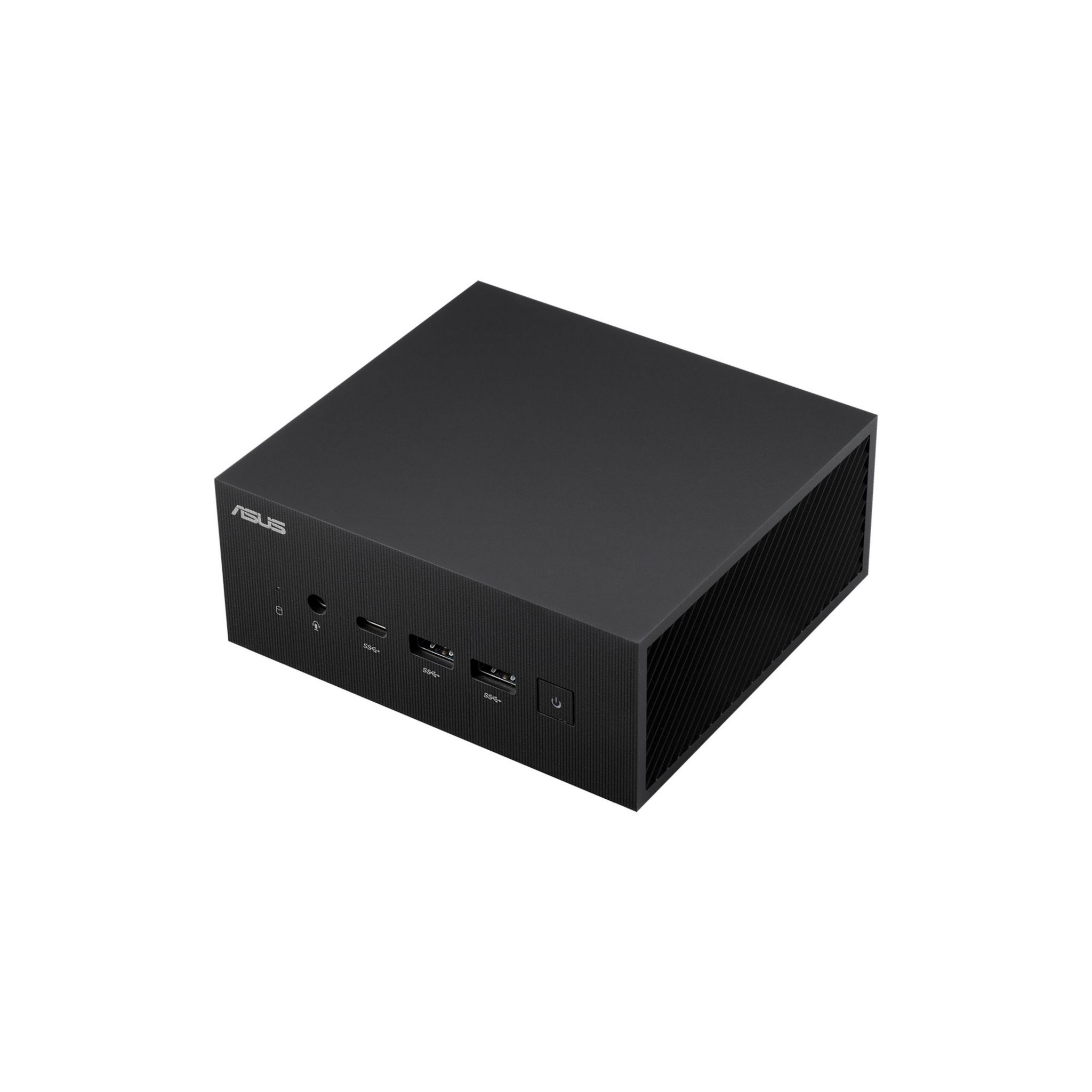 Mini PC ASUS nero. Ha porte sulla parte anteriore e posteriore.