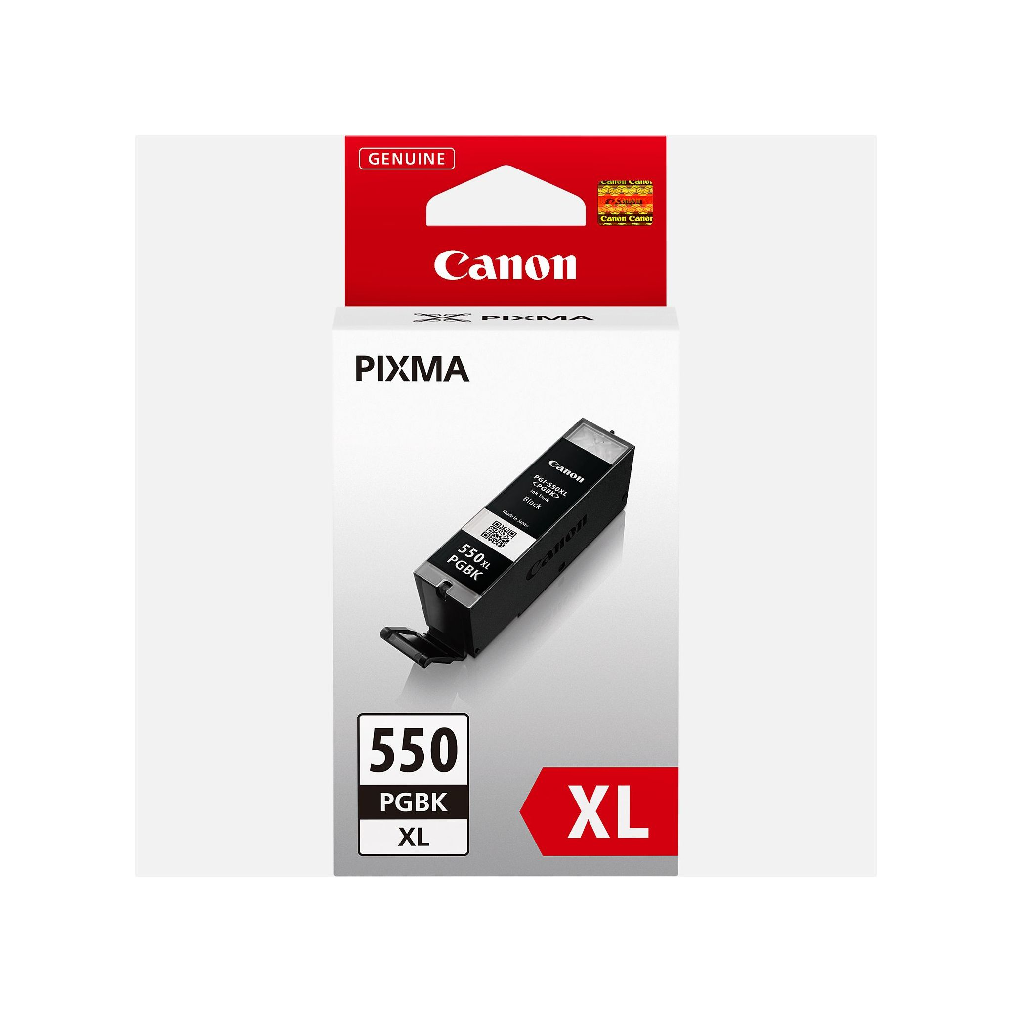 Canon inktcartridge doos. Zwarte inktcartridge is zichtbaar. Witte achtergrond.