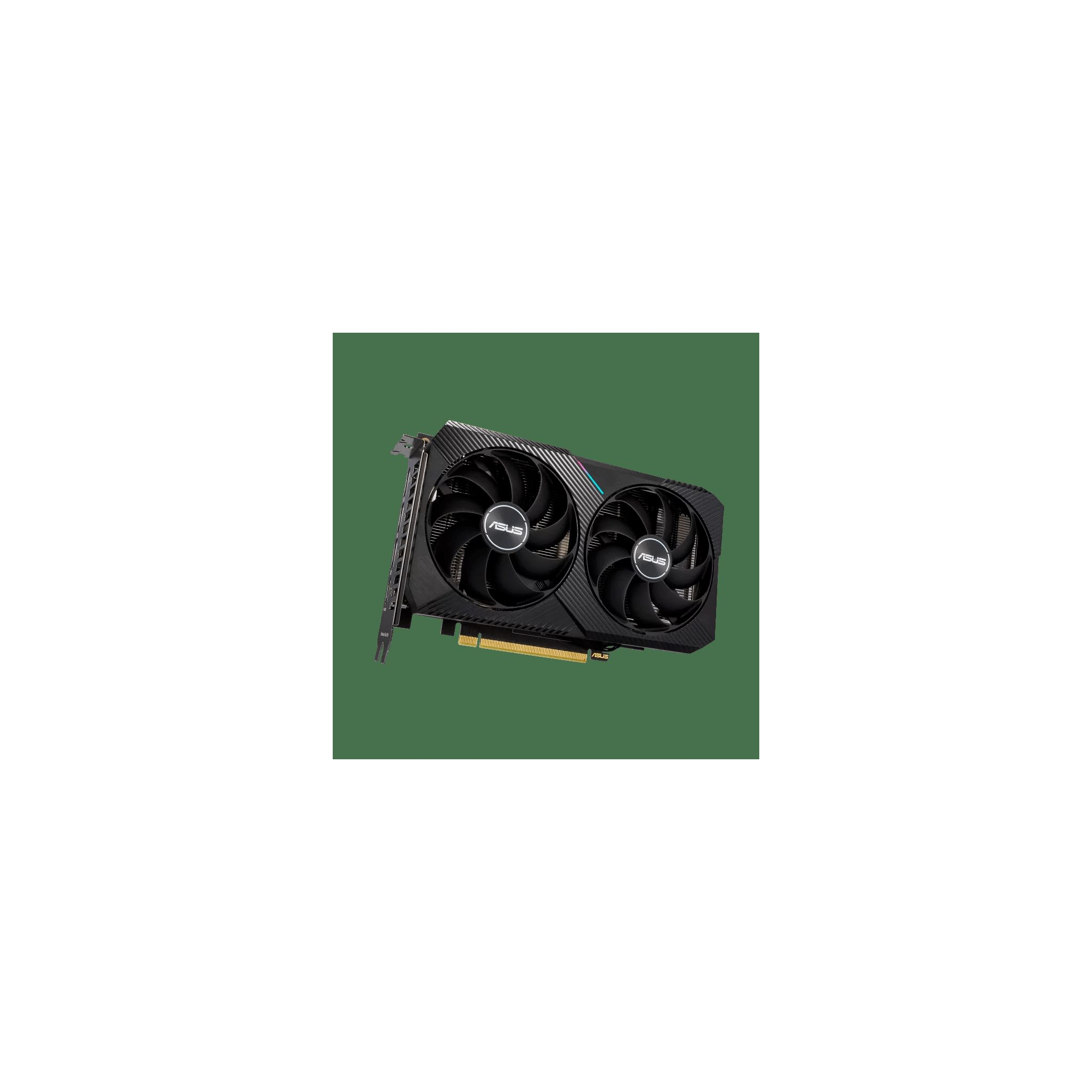 Scheda grafica nera. Due ventole, marchio ASUS. Su sfondo verde.