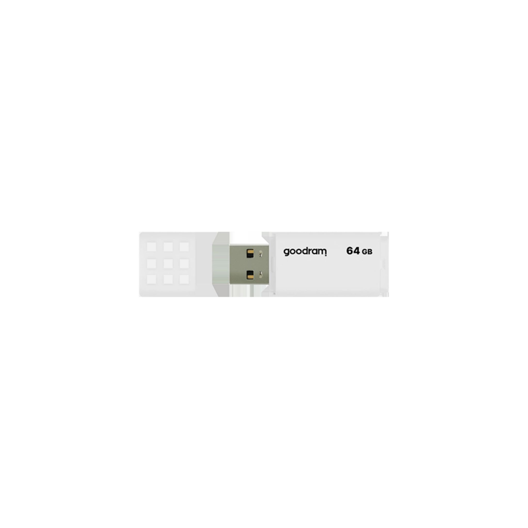 White Goodram 64 GB USB stick on a white background.