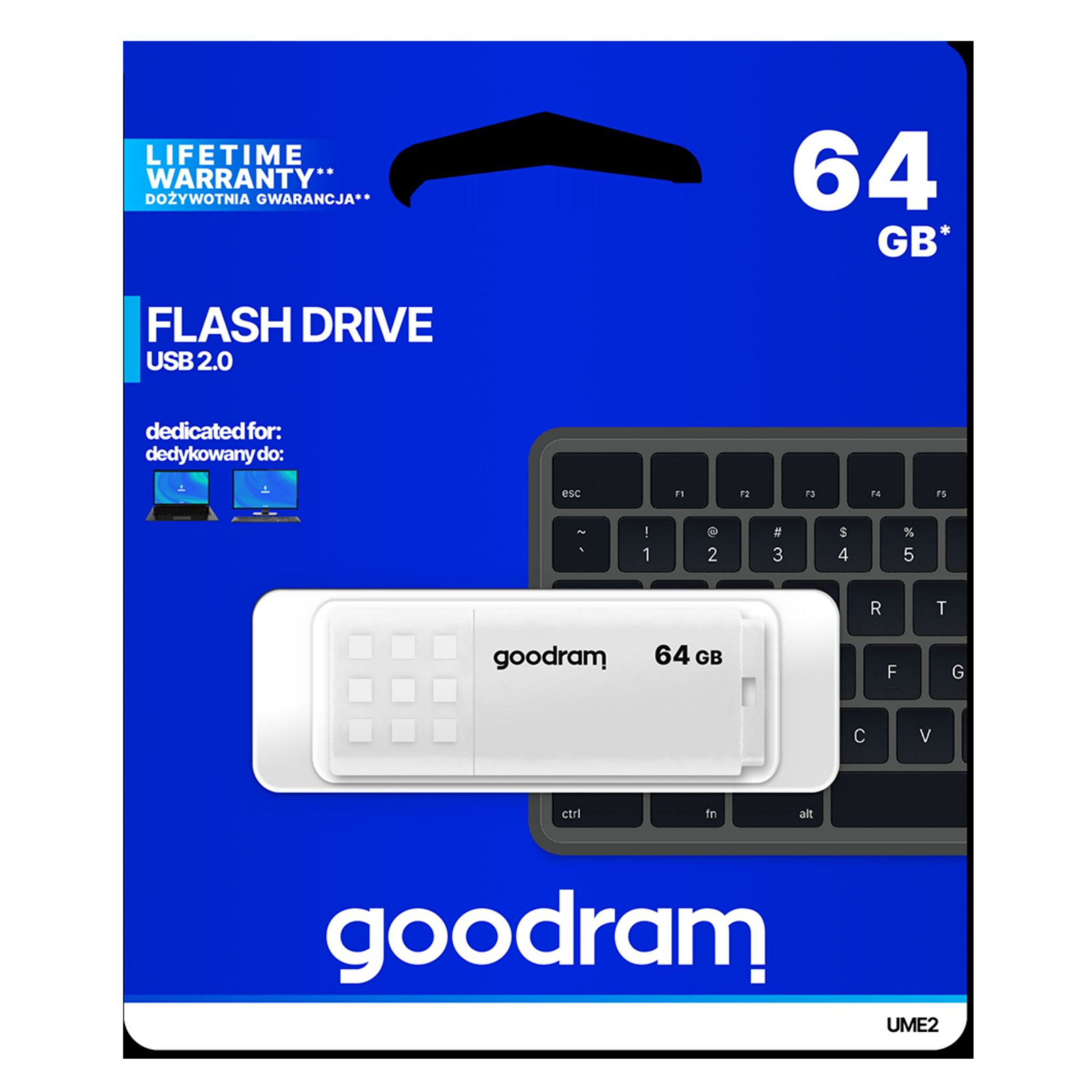 Flash drive in a box. White drive, 64 GB, goodram brand. Blue box, keyboard image.