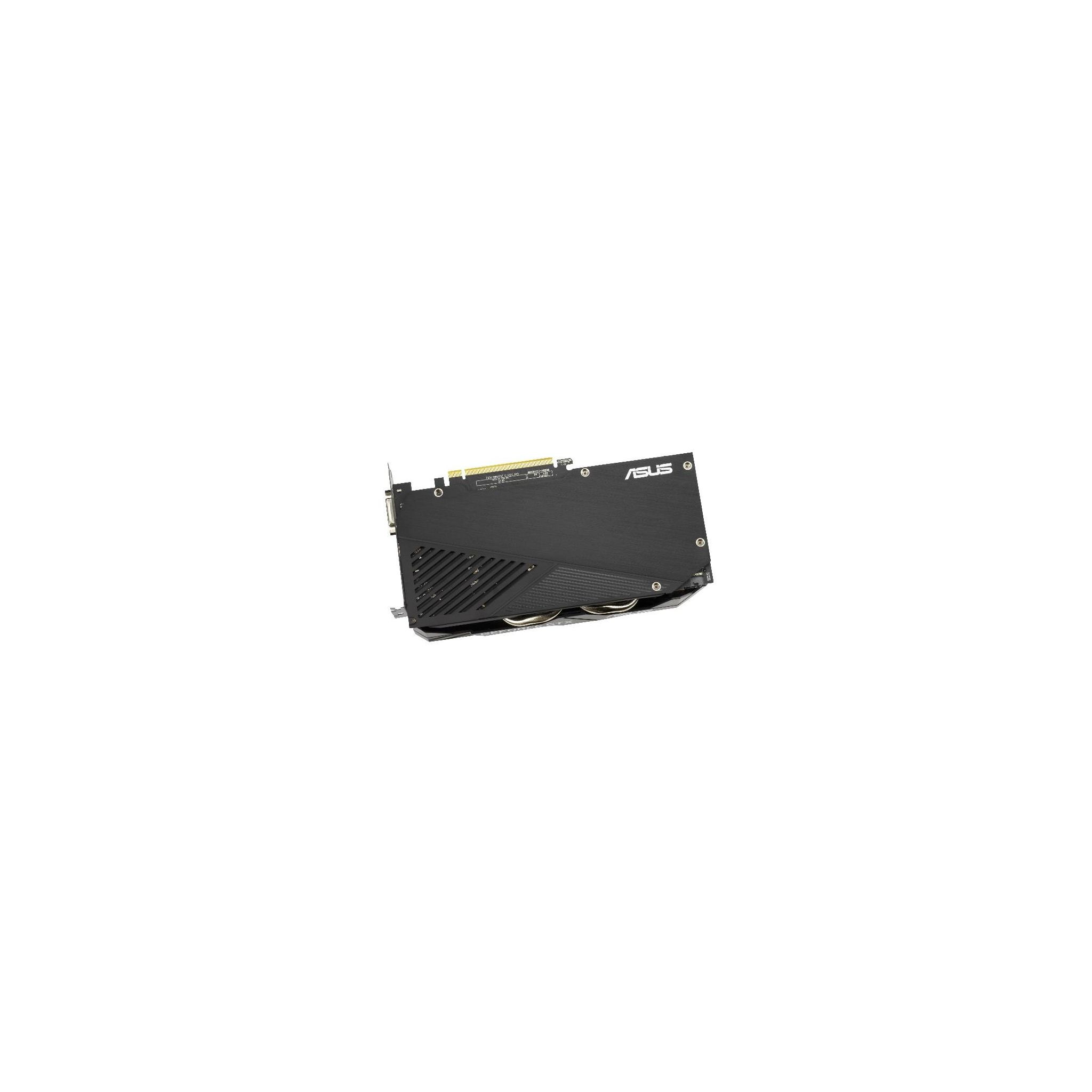 Eine schwarze ASUS-Grafikkarte mit Kühlrippen, Logo sichtbar.