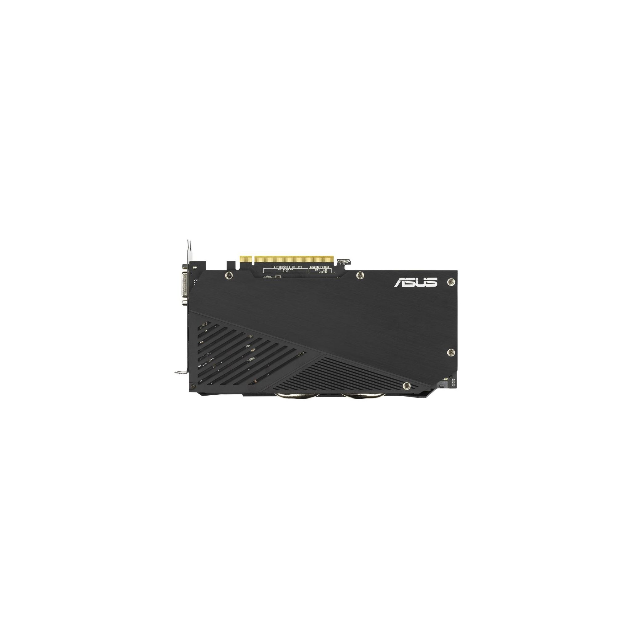 Schwarze Grafikkarte mit ASUS-Logo, von oben betrachtet, vor weißem Hintergrund.