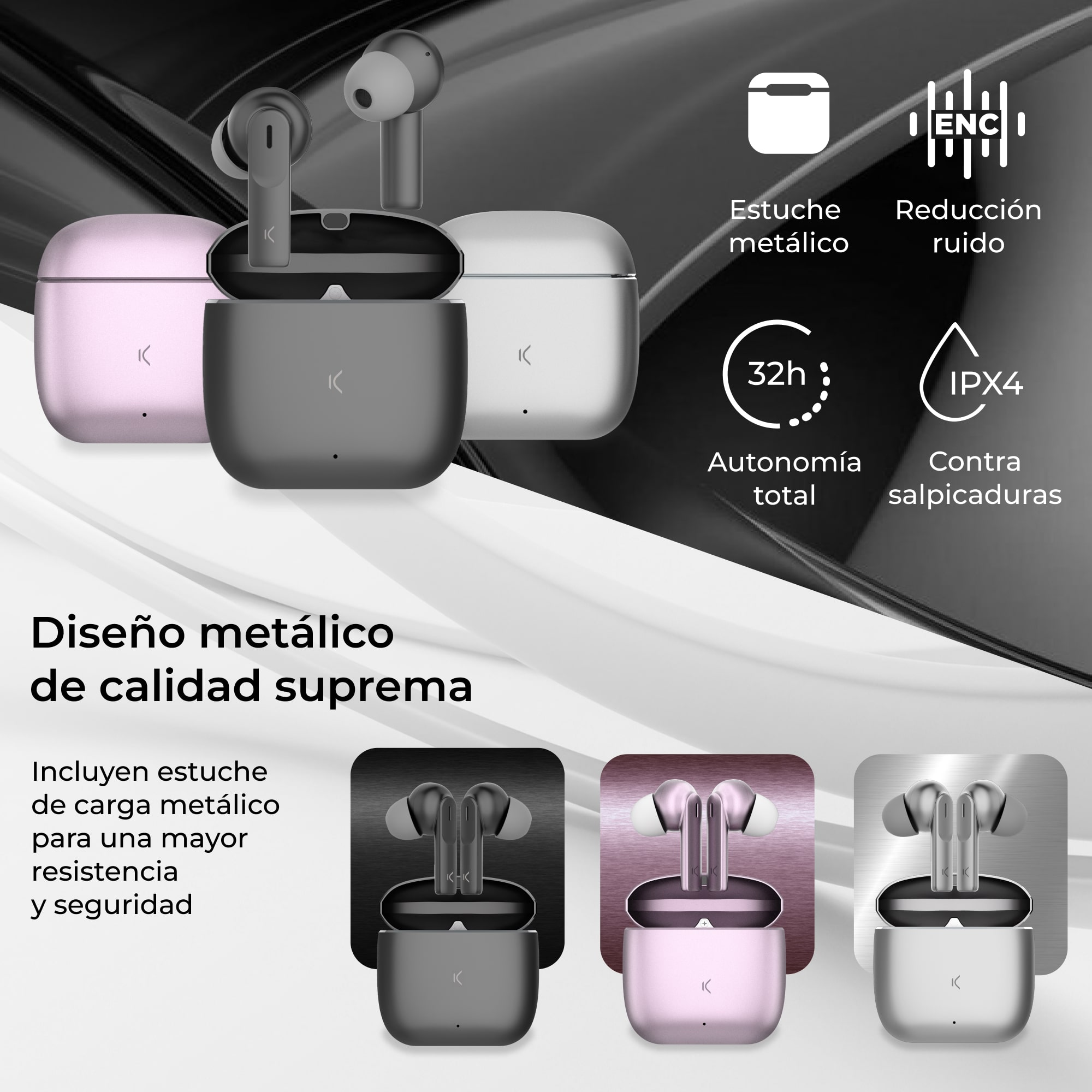 Auricolari e custodia di ricarica in rosa, grigio e nero. Il testo descrive le funzioni.