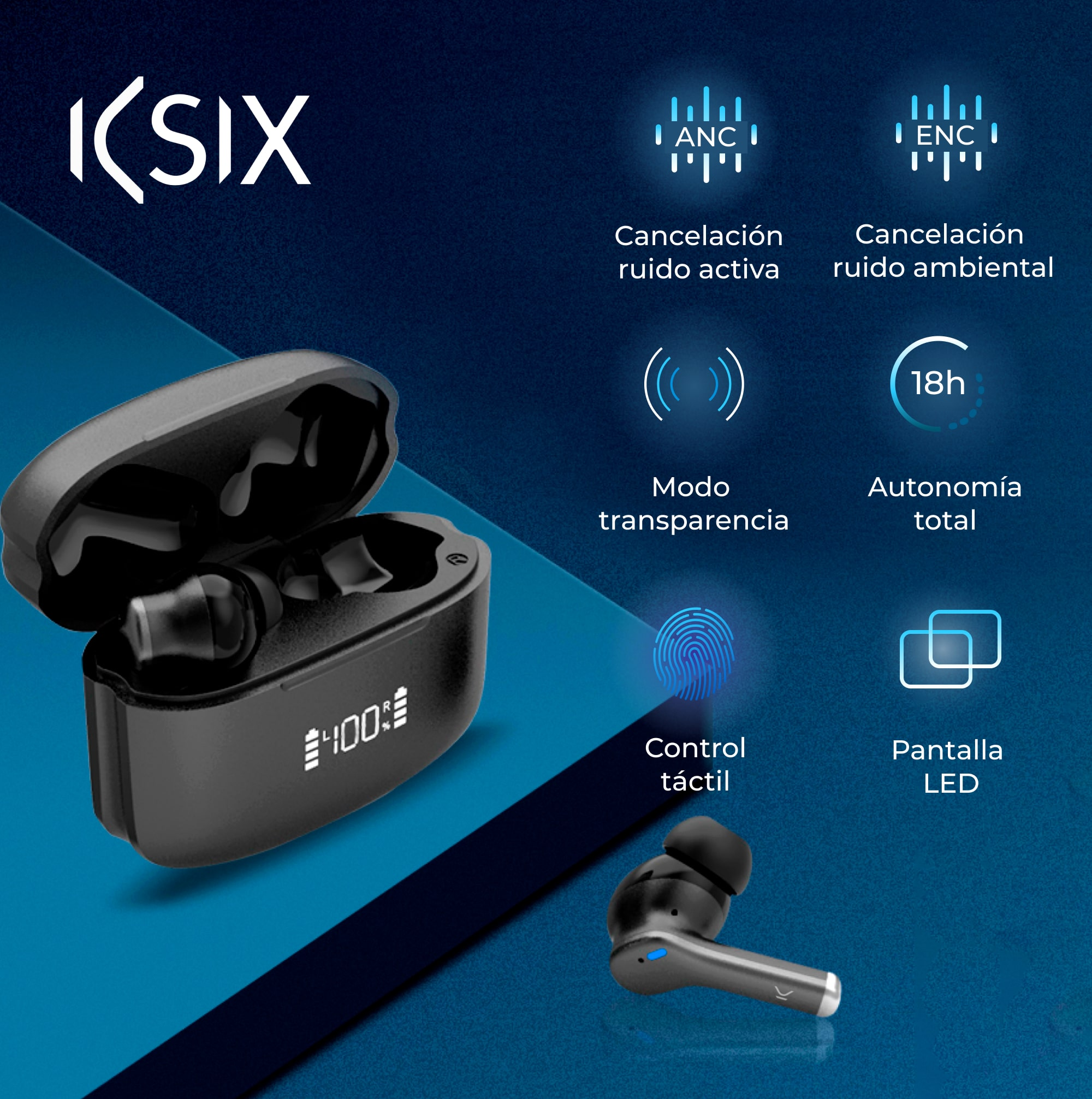 Auriculares negros en su estuche, con iconos que indican funciones como la cancelación de ruido.