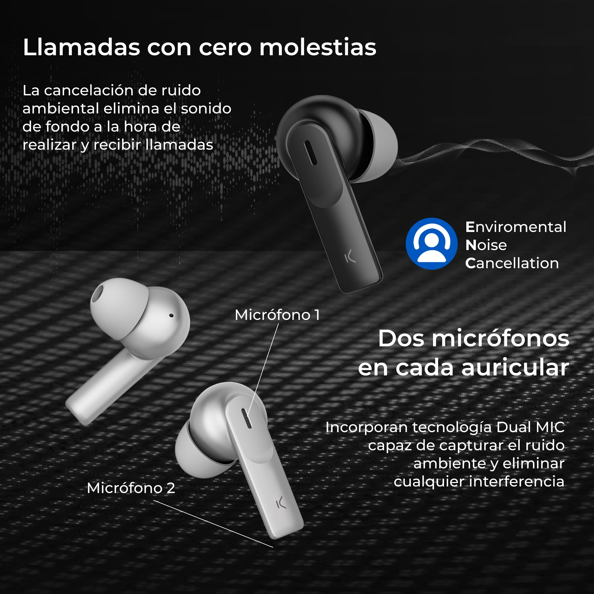 Auricolari neri e argento, con testo che descrive la cancellazione del rumore e i doppi microfoni.