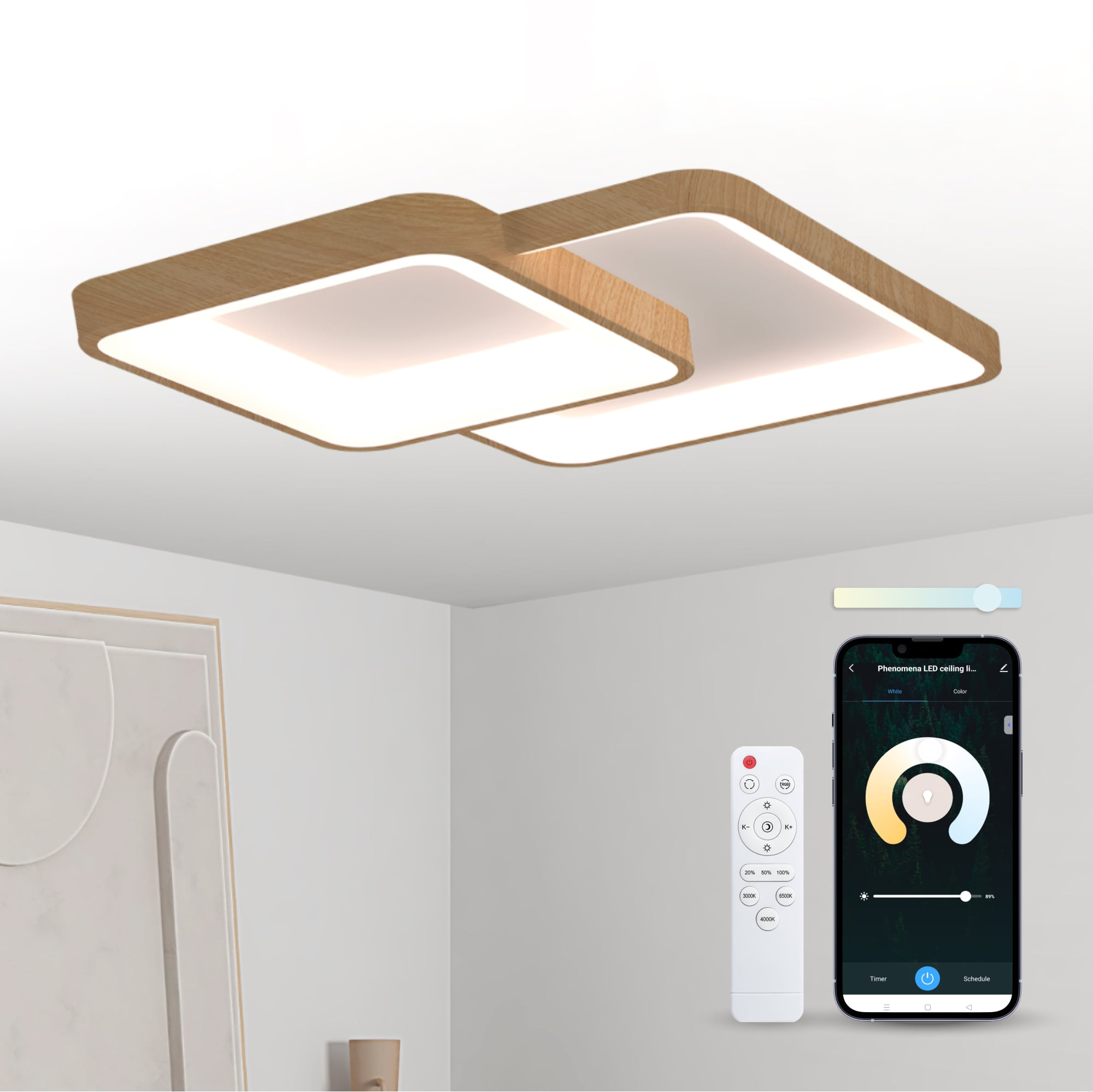 Lampa sufitowa, dwa kwadratowe panele świetlne, drewniana rama. Telefon kontroluje kolor światła.