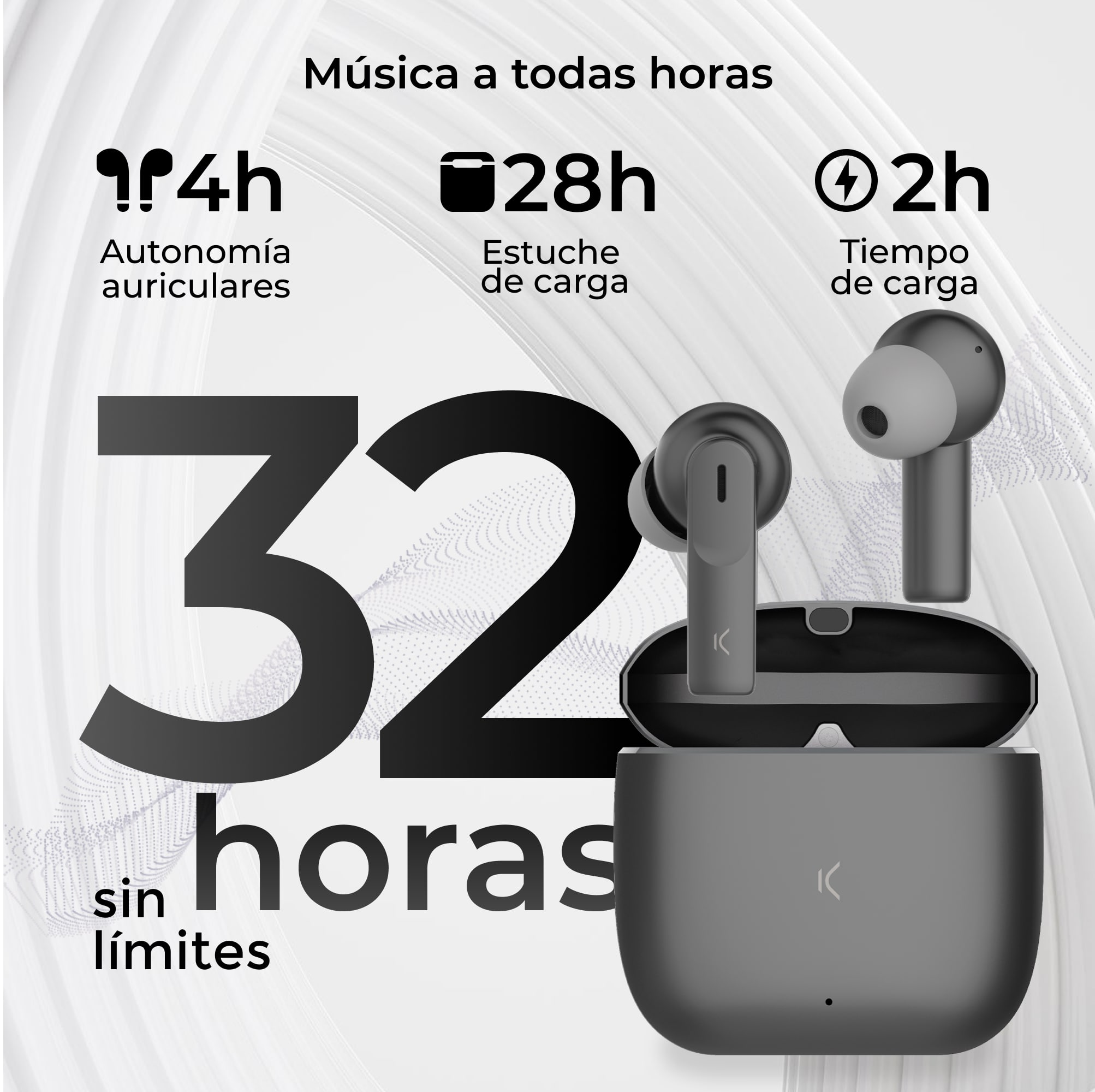 Auricolari wireless grigi, custodia di ricarica e informazioni sulla durata della batteria.
