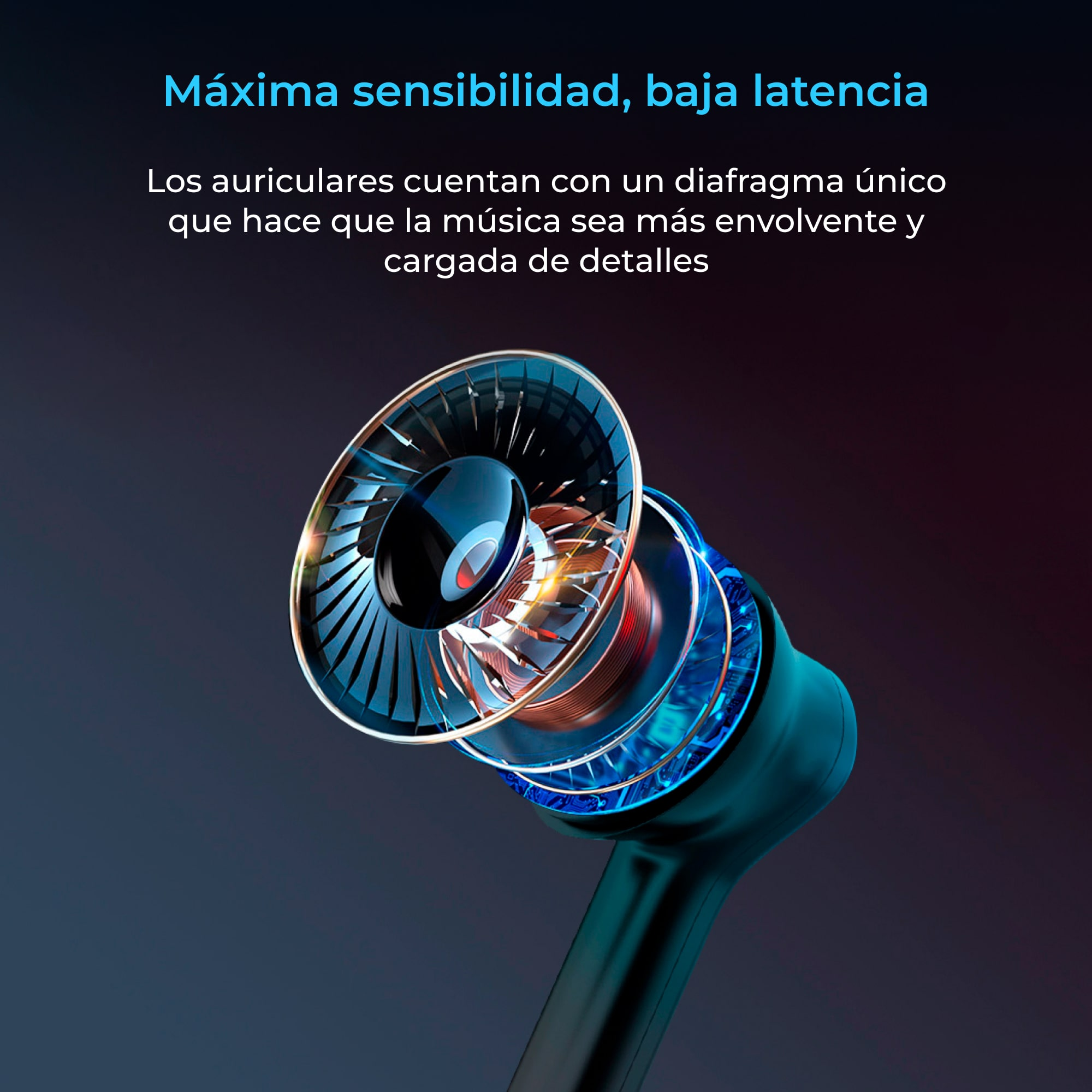 Auricular con luz azul, mostrando detalles internos.