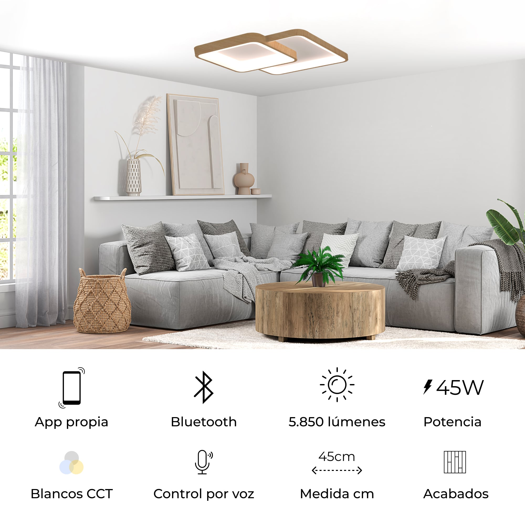 Nowoczesny salon z sofą narożną, stolikiem kawowym i lampą sufitową.