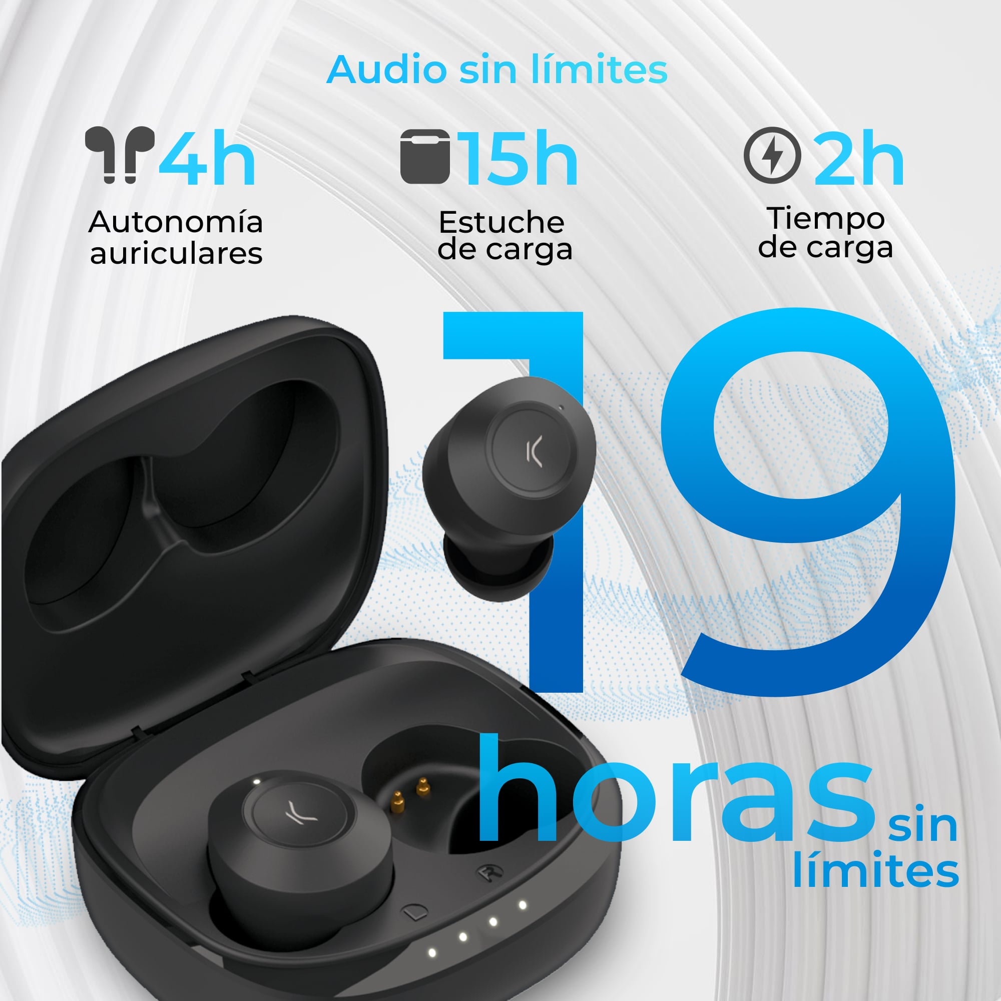 Auricolari wireless neri in custodia di ricarica. Testo: 'Audio sin límites' e '19 horas sin límites'.