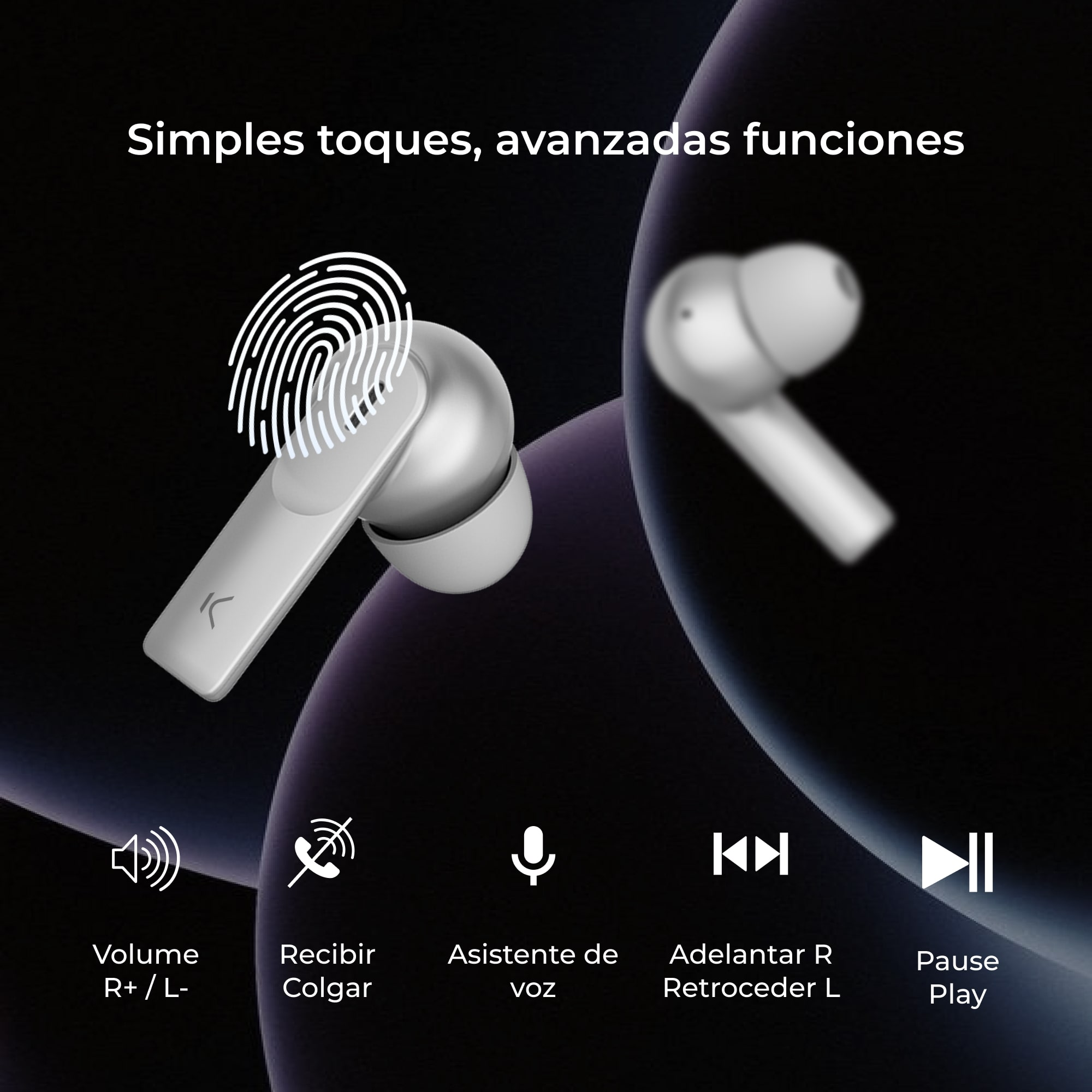 Auricolari bianchi con un dito che ne tocca uno. Icone sotto mostrano volume, chiamata, voce e controlli.