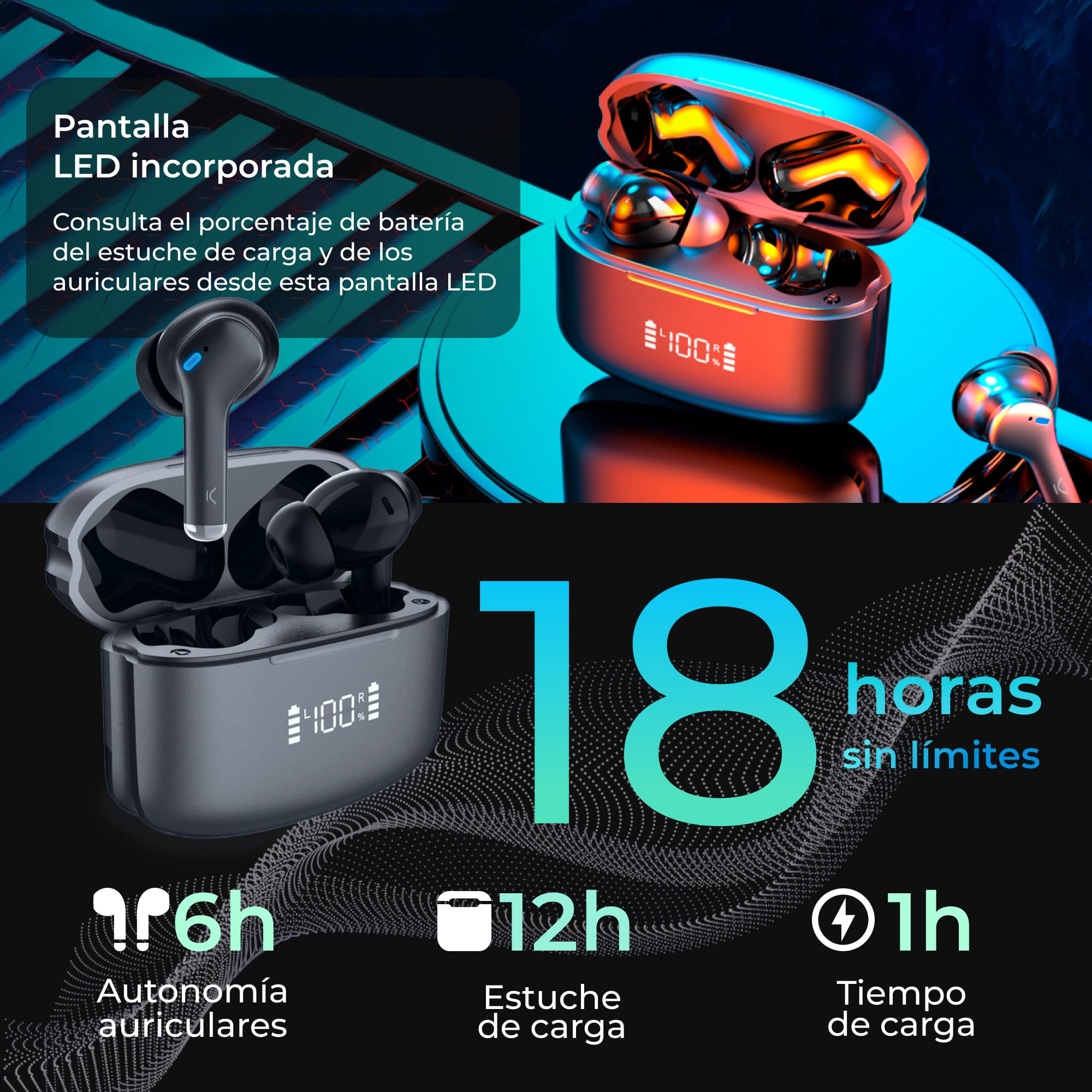 Auriculares con estuche de carga y pantalla LED. Muestra la duración de la batería y el tiempo de uso.