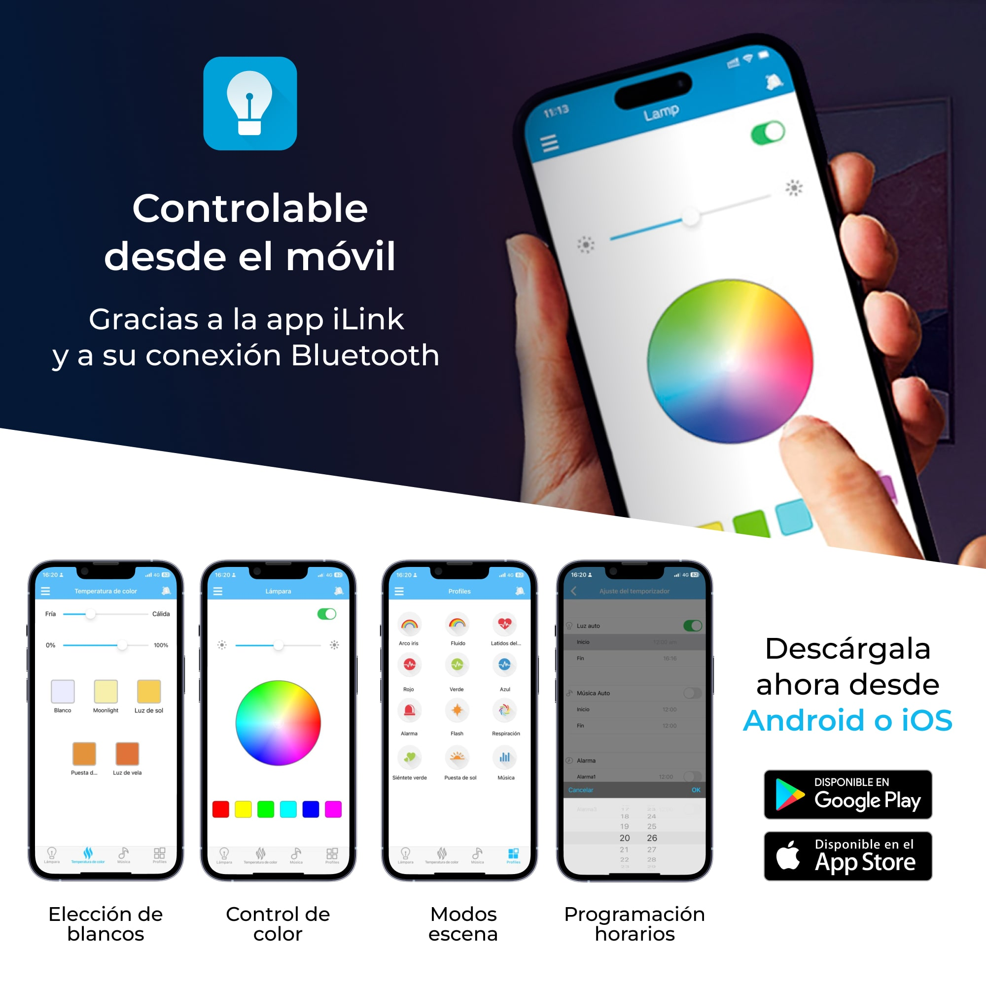 Smartfon z aplikacją kontroluje kolor lampy przez Bluetooth. Tekst: Kontrolowany z telefonu. Dostępny na Android i iOS.