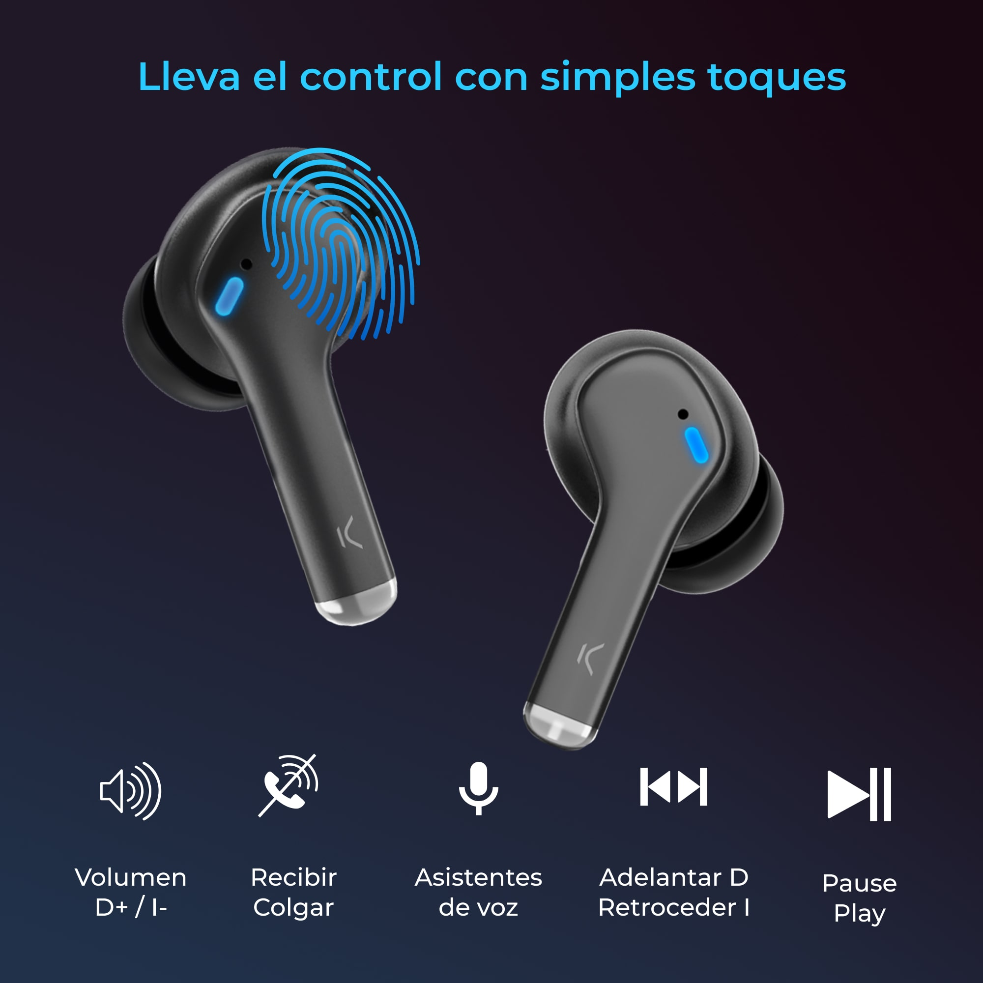 Auriculares inalámbricos negros, con iconos de control táctil. Texto: "Controla con toques simples." Iconos mostrados.