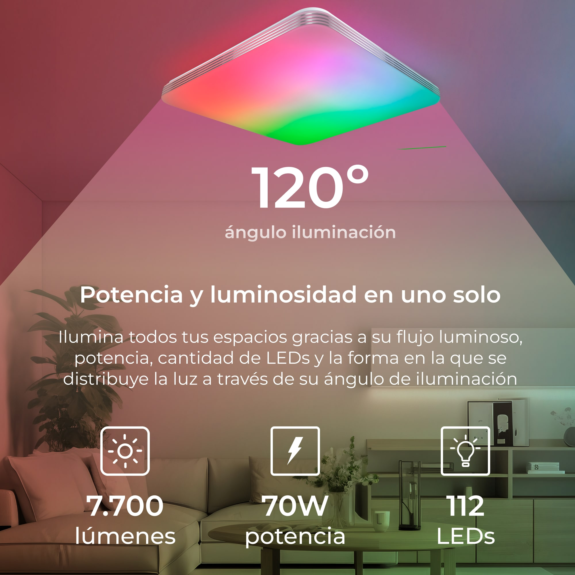 Kwadratowa lampa sufitowa z kolorowym światłem, tekst poniżej i ikony mocy i diod LED.