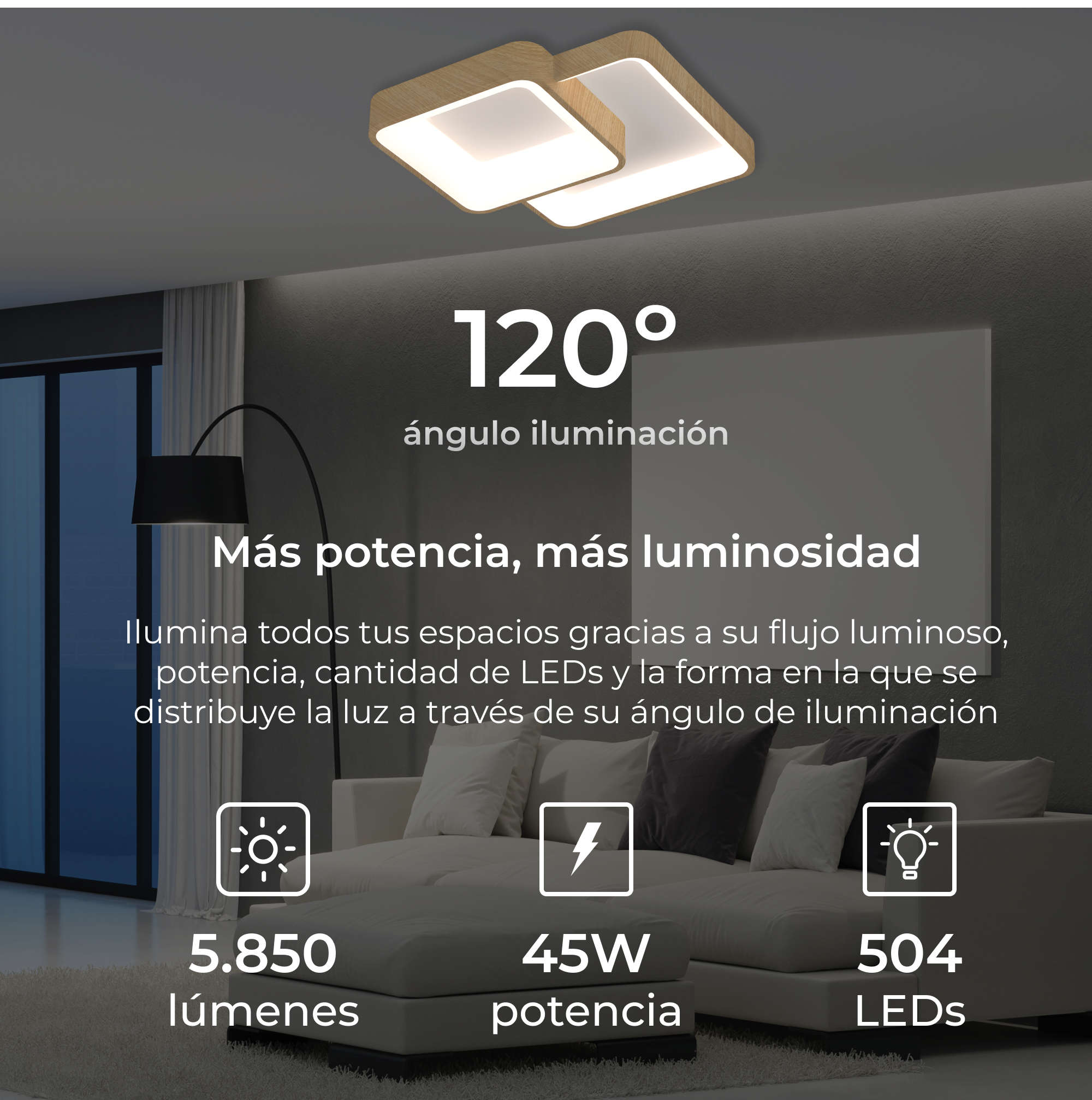 Lampa sufitowa z dwoma kwadratowymi panelami, tekst o mocy, jasności i diodach LED, białe tło.