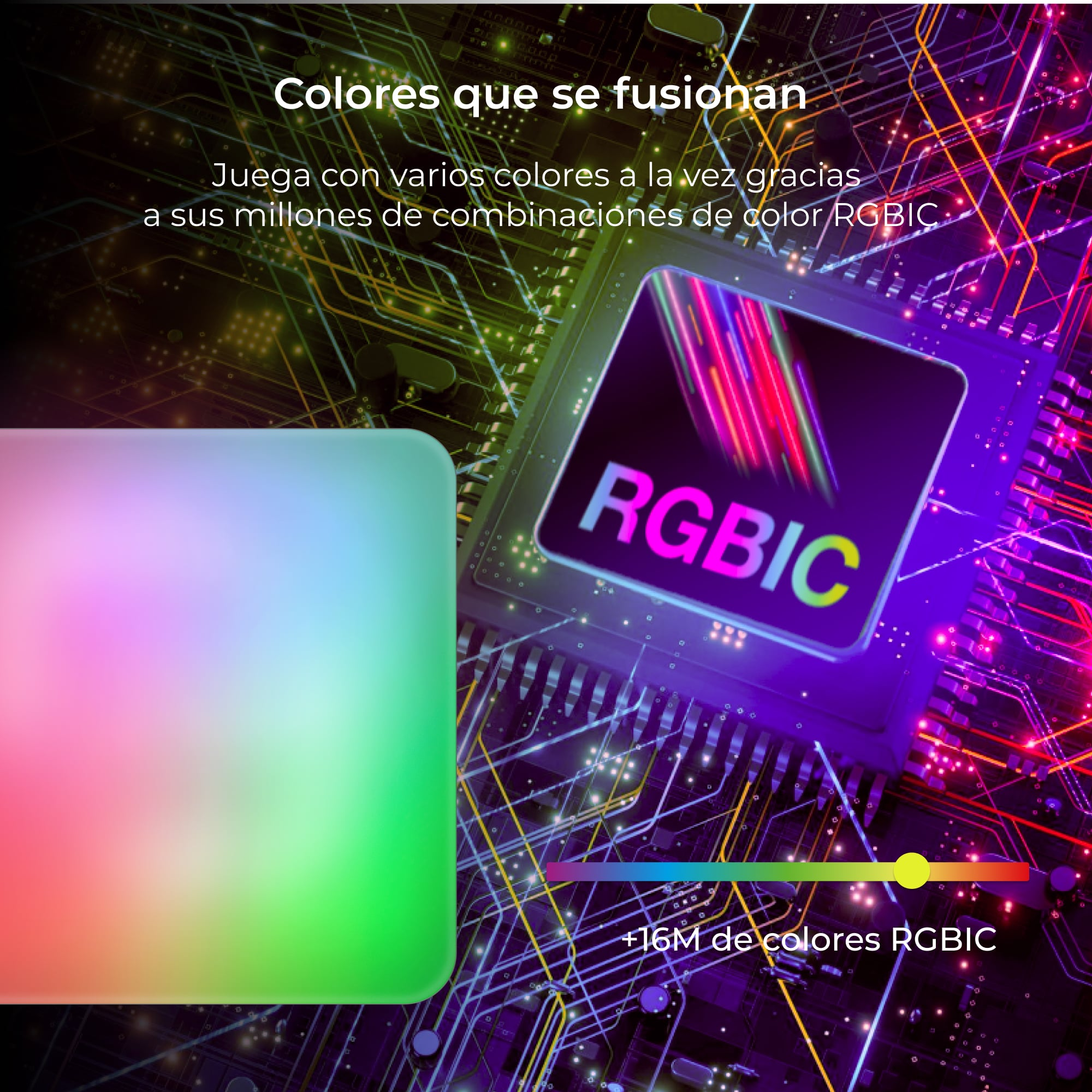 Obraz reklamowy z kolorowymi światłami i tekstem o kolorach RGB.