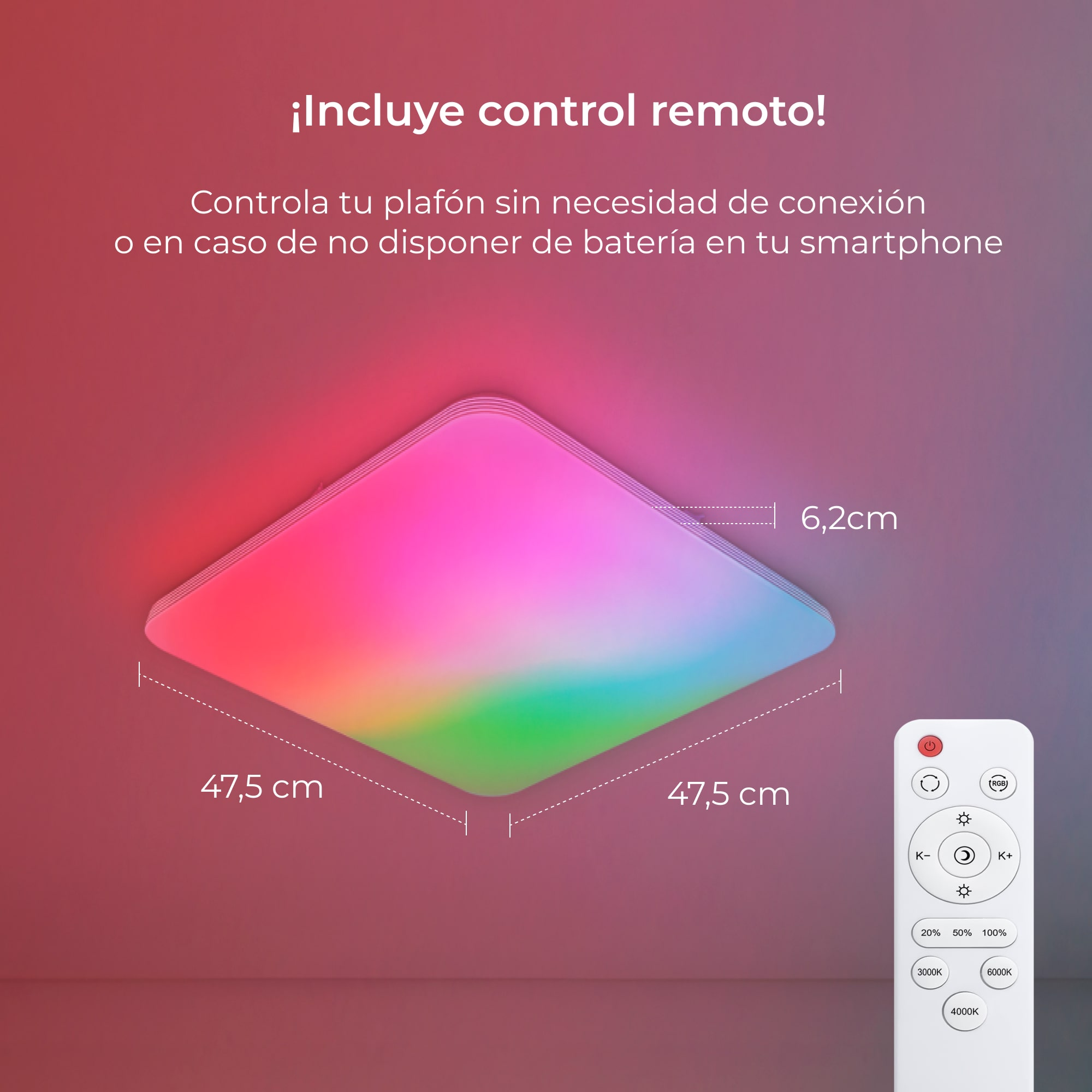 Kwadratowa, zmieniająca kolor lampa sufitowa LED z pilotem. Białe tło.