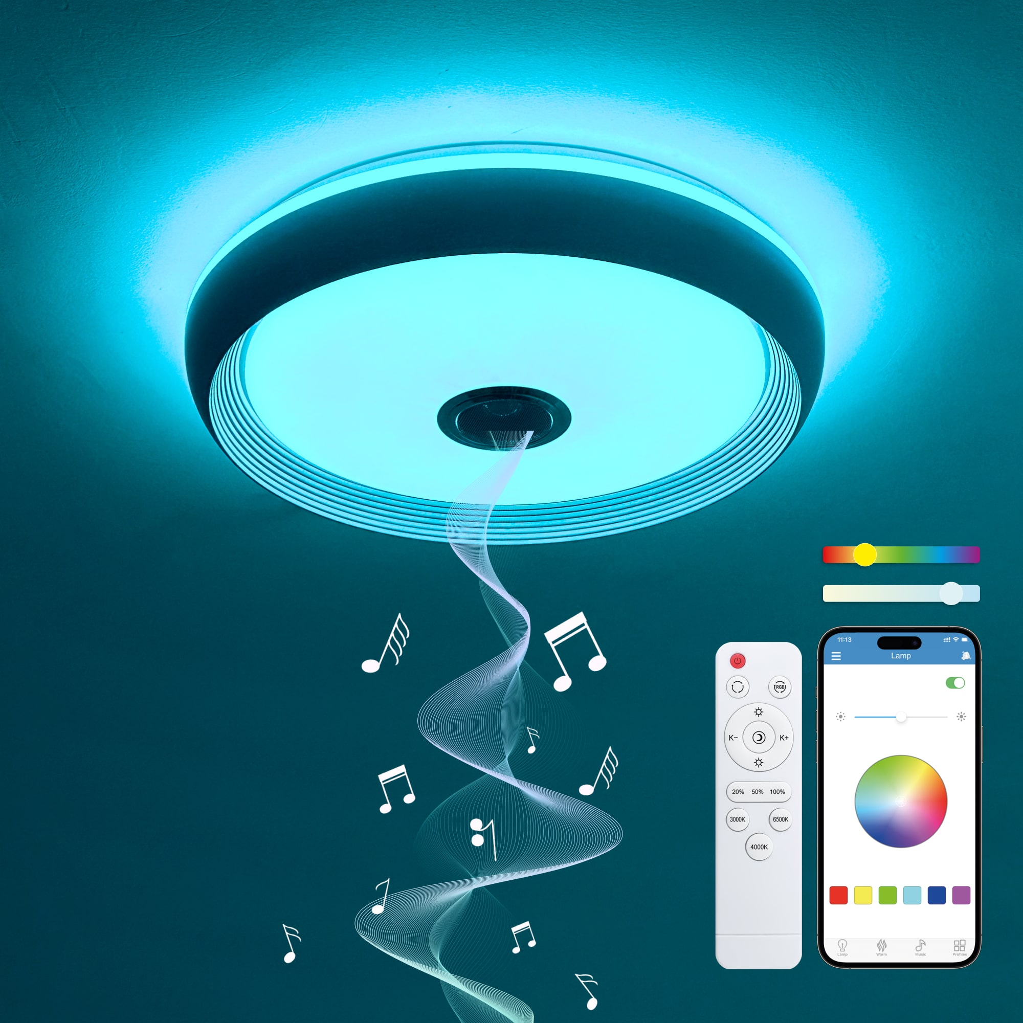 Okrągła lampa sufitowa z niebieskim światłem i nutami. Zawiera pilota i interfejs smartfona.