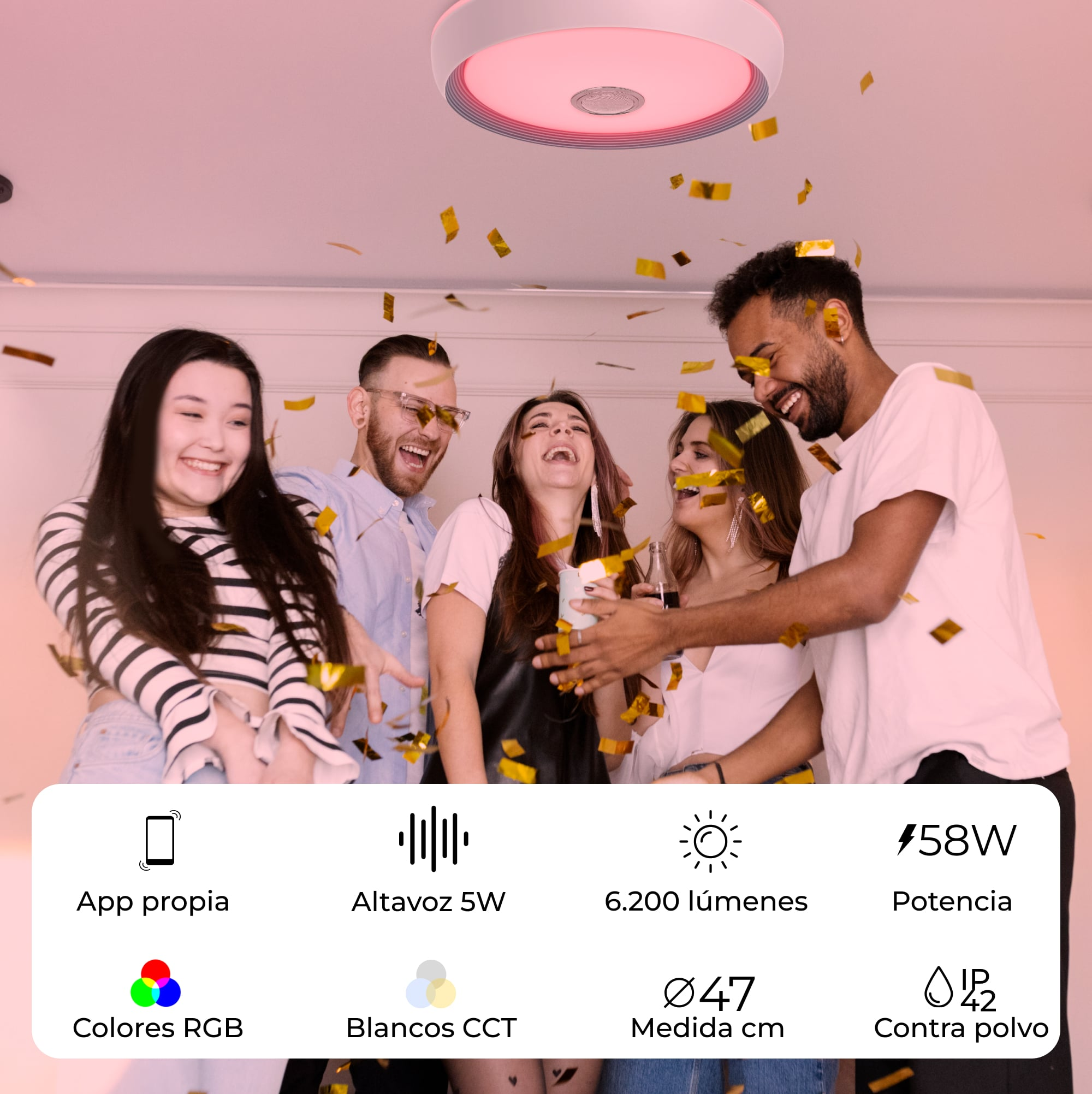 Grupa ludzi świętuje pod zmieniającym kolor światłem sufitowym. Ikony informacyjne na dole.