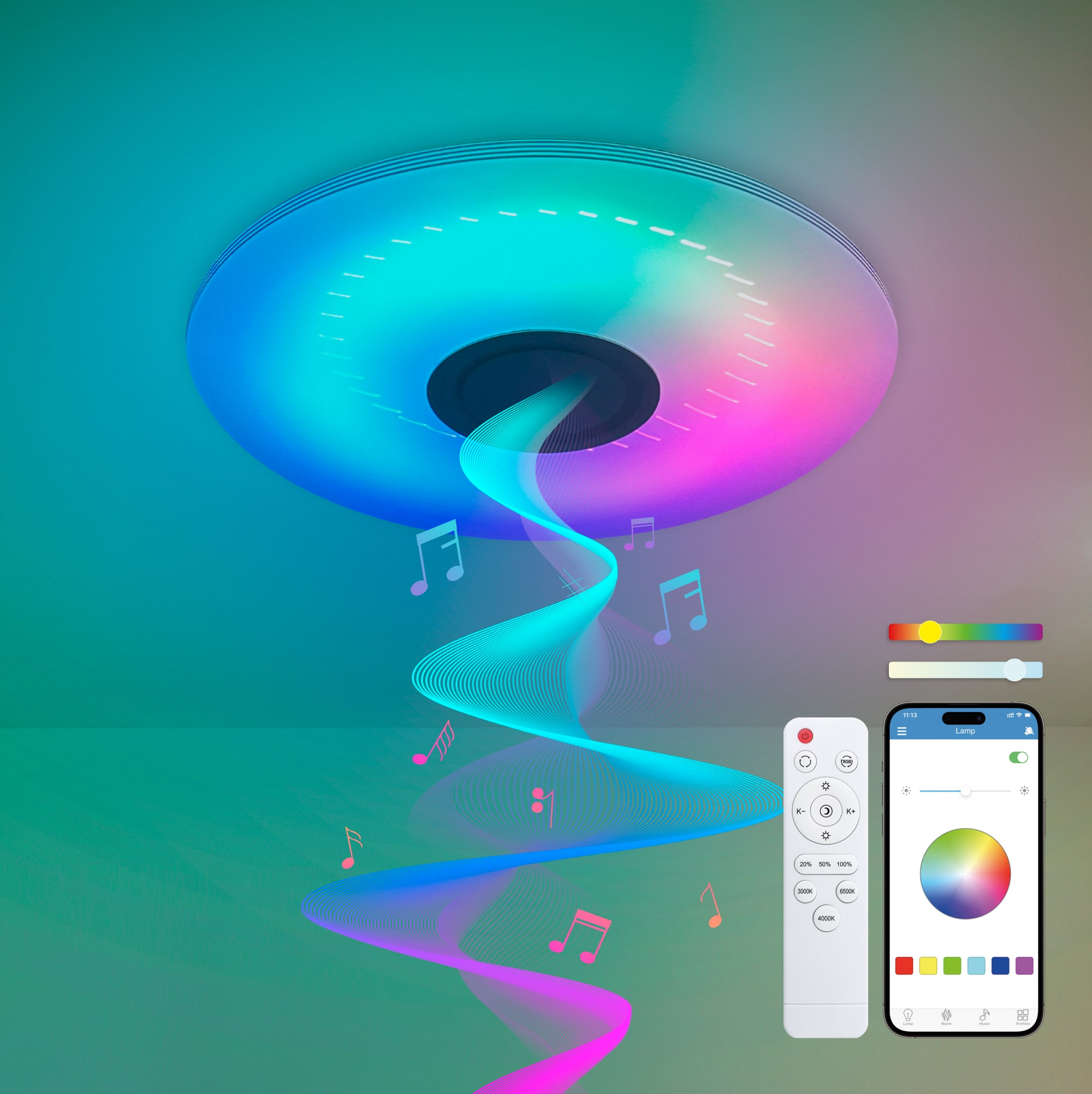 Luz de techo con efectos de luz coloridos, control remoto y teléfono con interfaz.