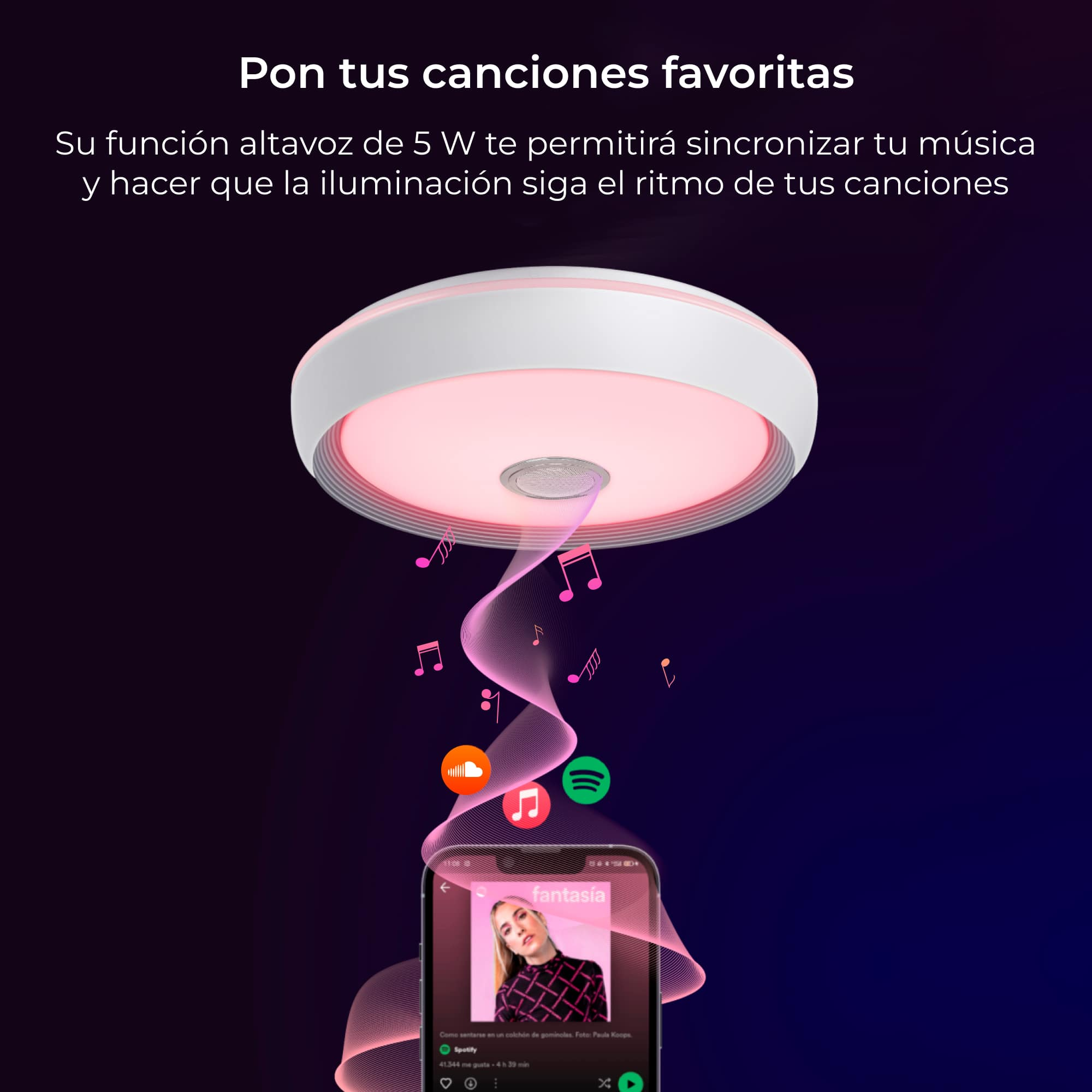 Biało-różowa inteligentna lampa z telefonem wyświetlającym interfejs aplikacji muzycznej.