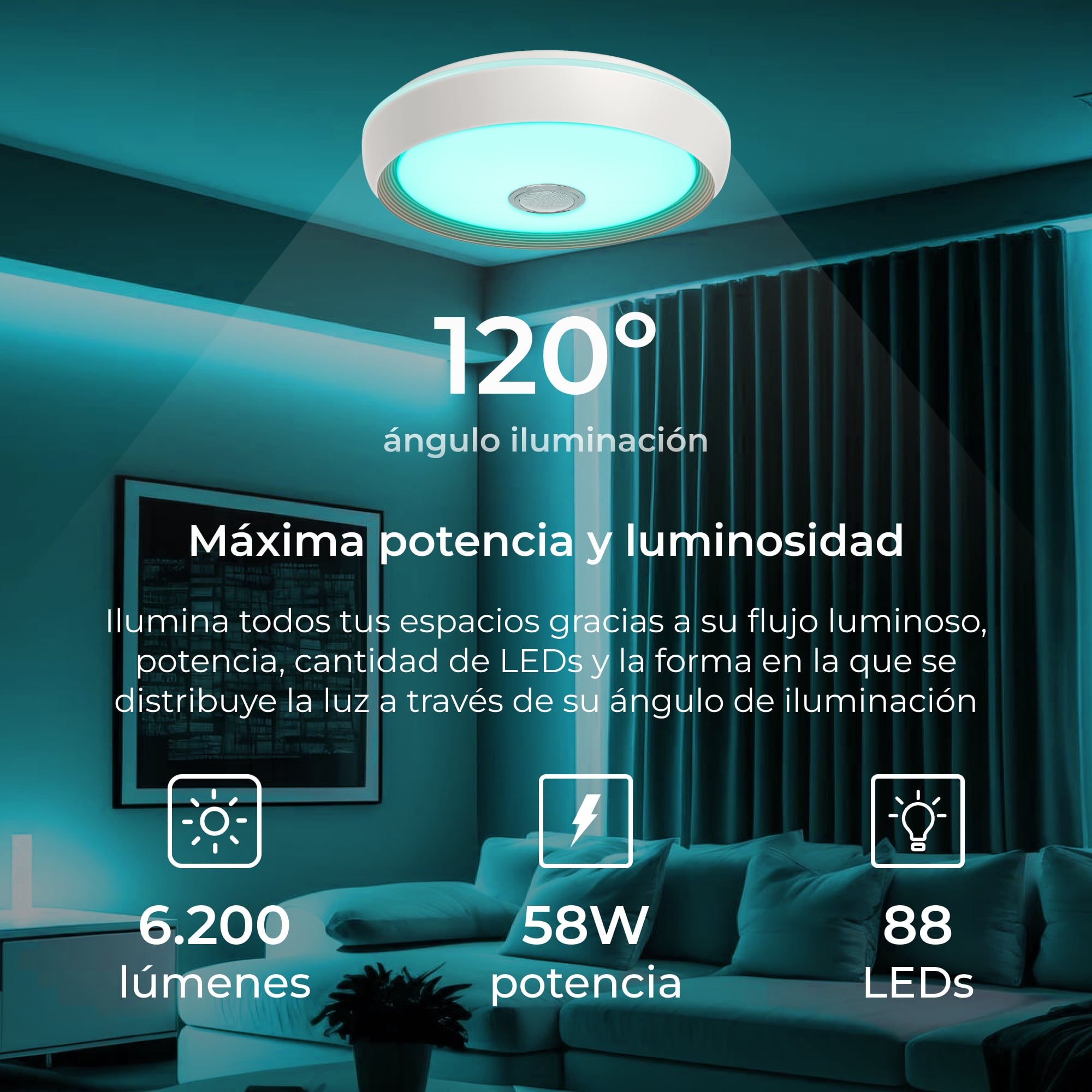 Lampa sufitowa z tekstem, 6200 lumenów, 58W, 88 diod LED, w salonie.