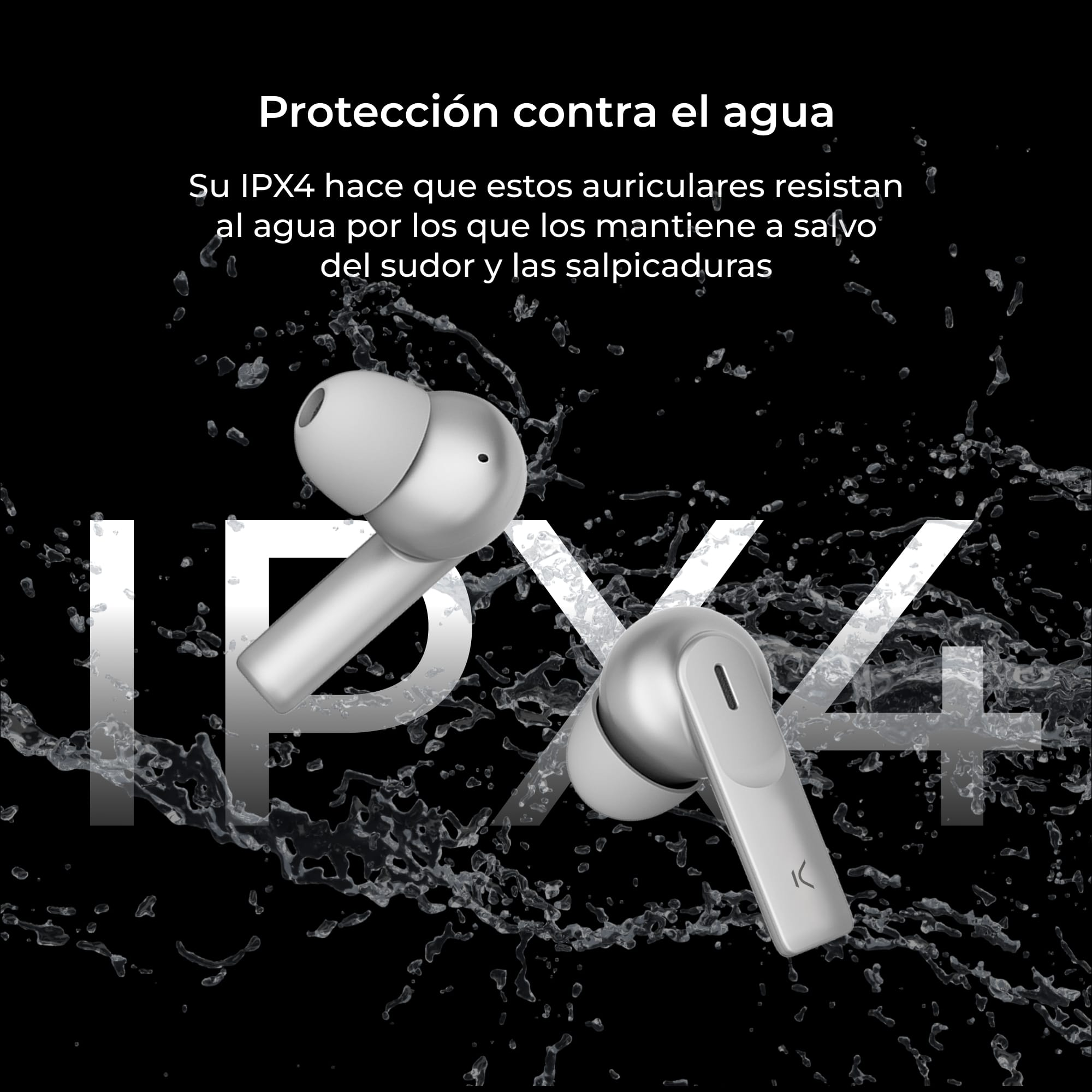 Auricolari con gocce d'acqua e testo 'IPX4'. Sfondo scuro.