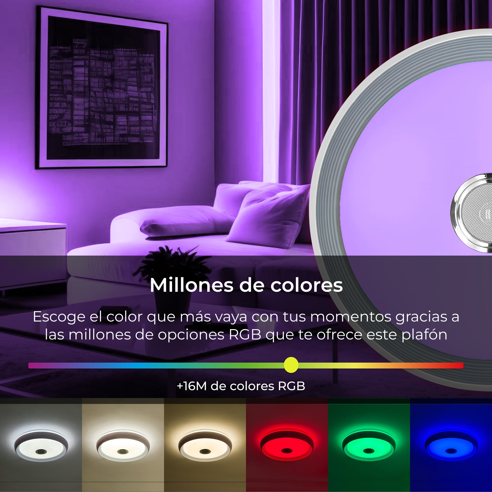 Fioletowo oświetlony pokój z oświetleniem sufitowym z opcjami kolorów. Widoczne sofa, dzieła sztuki i rośliny.