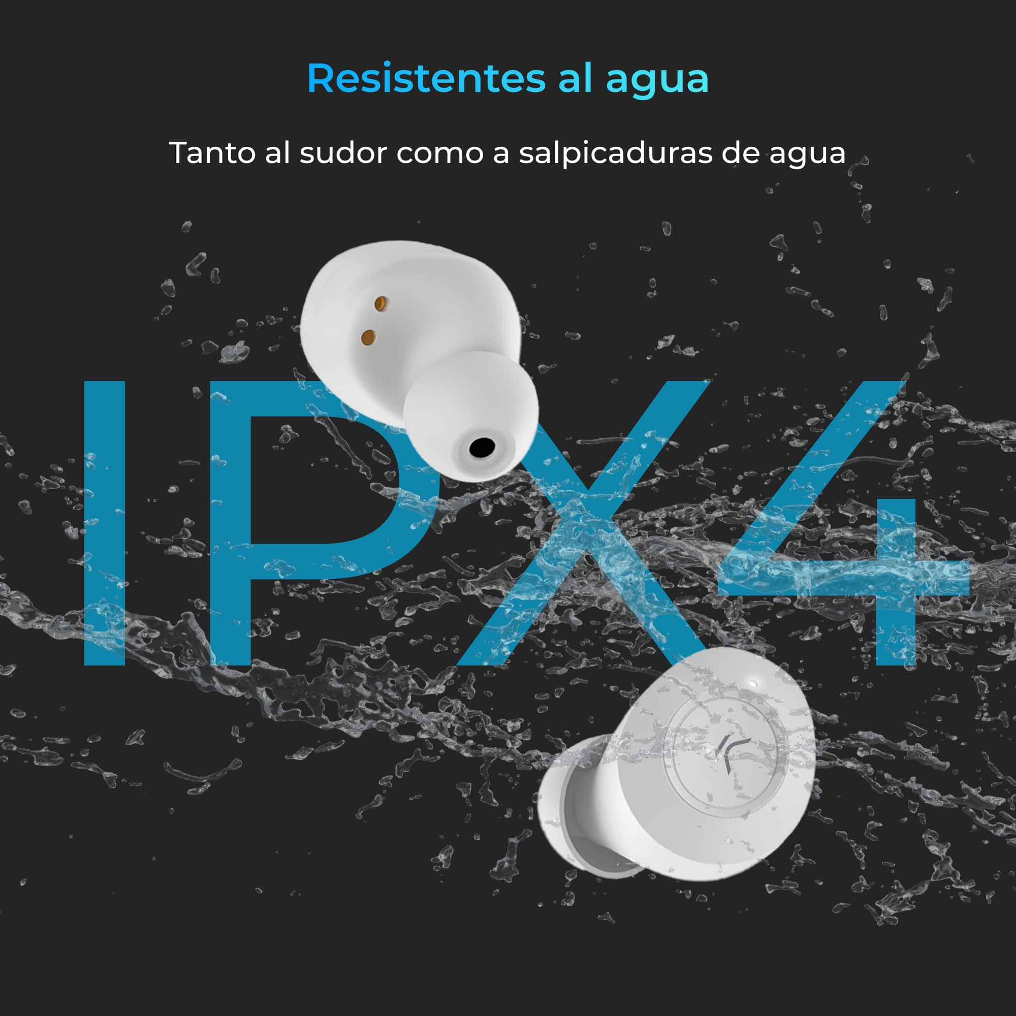 Auricolari bianchi con spruzzi d'acqua e testo 'IPX4'.
