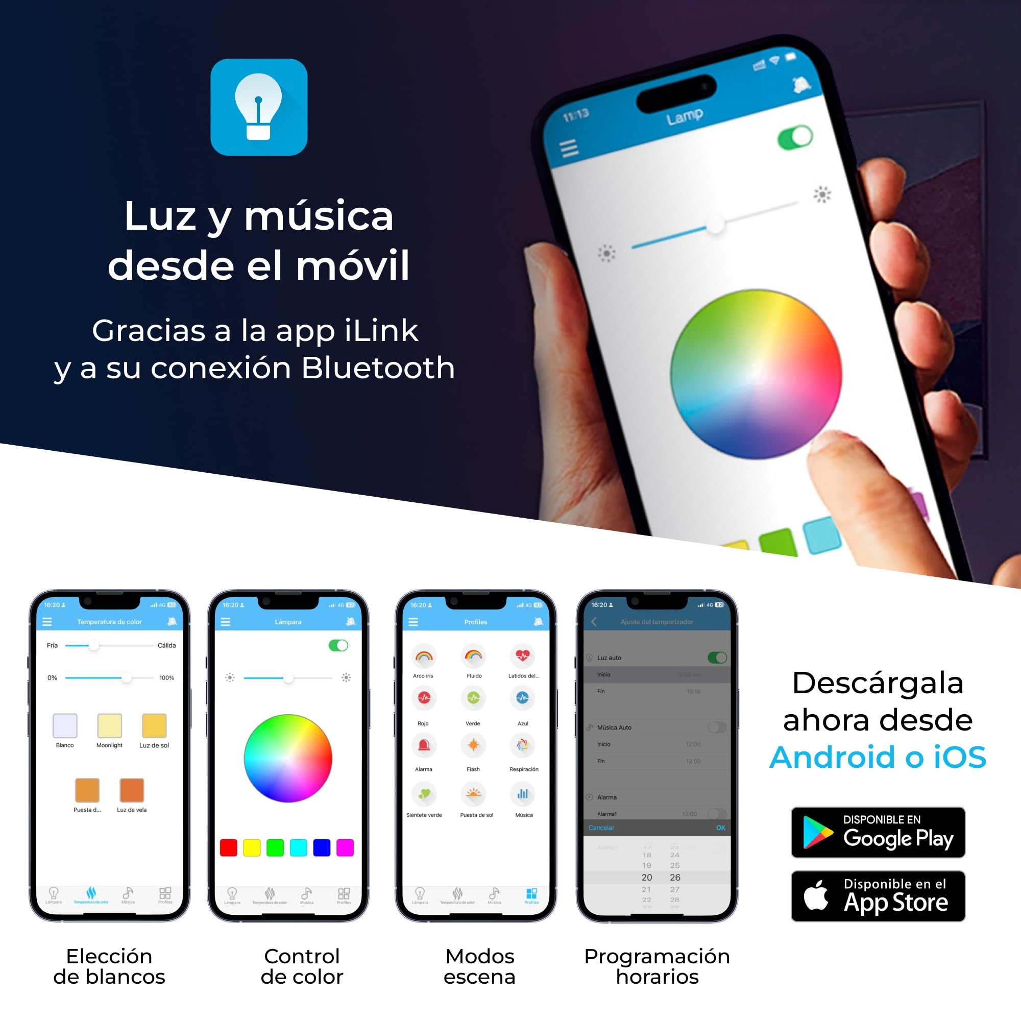 Smartphone mostrando pantallas de la app con control de color, escenas y un temporizador. Texto en español.