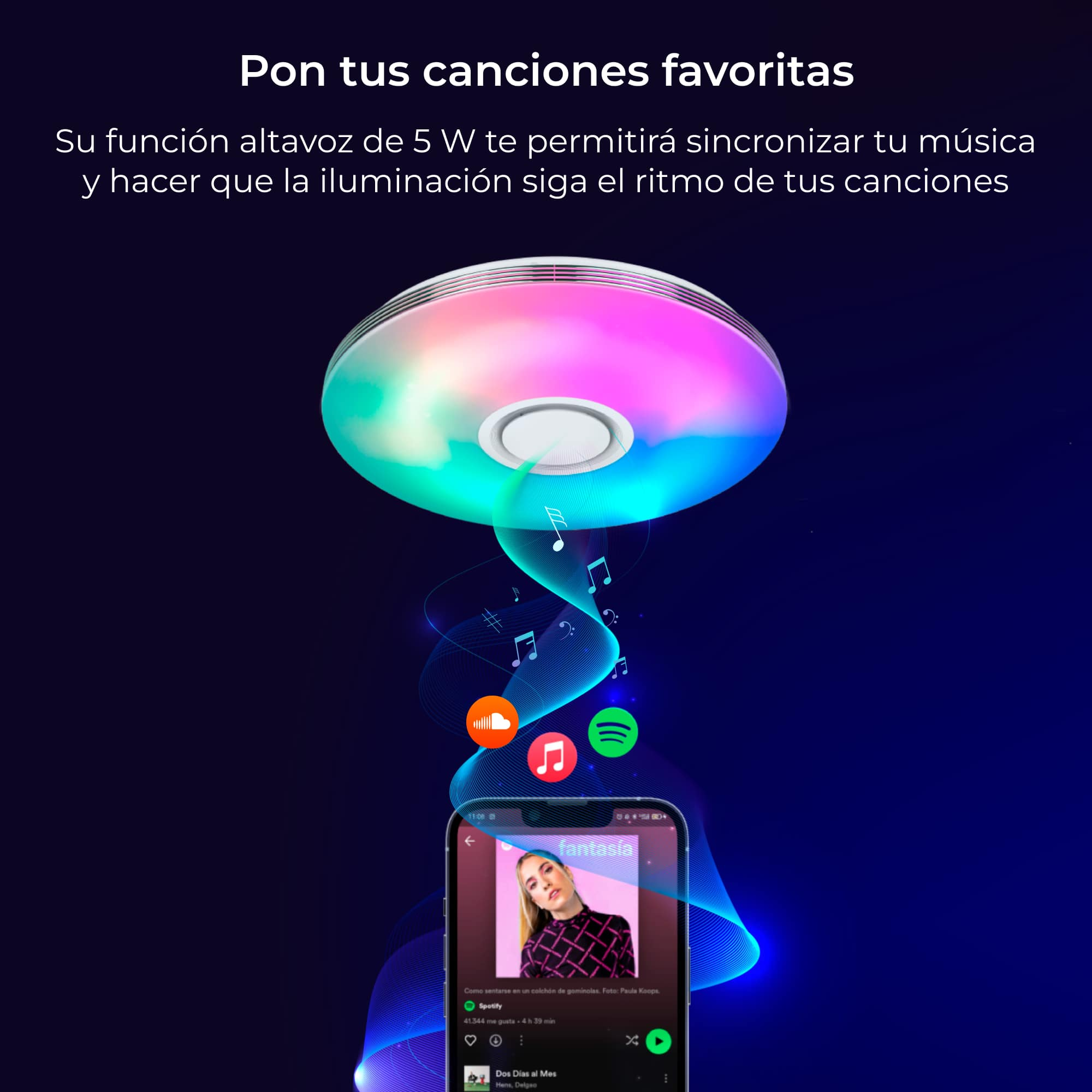 Altavoz emite luz colorida con teléfono mostrando app de música, rodeado de notas musicales.