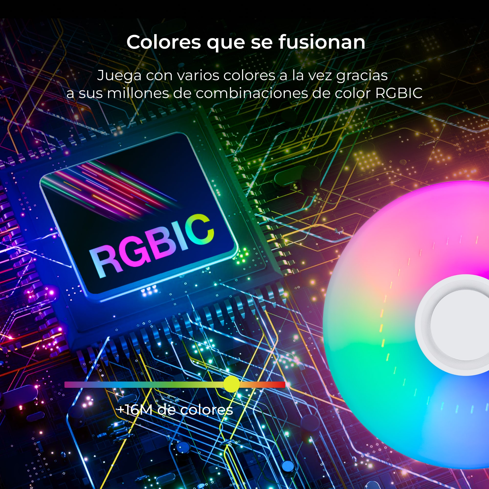Placa de circuito RGBIC con pantalla de luz colorida, texto e indicador +16M colores.