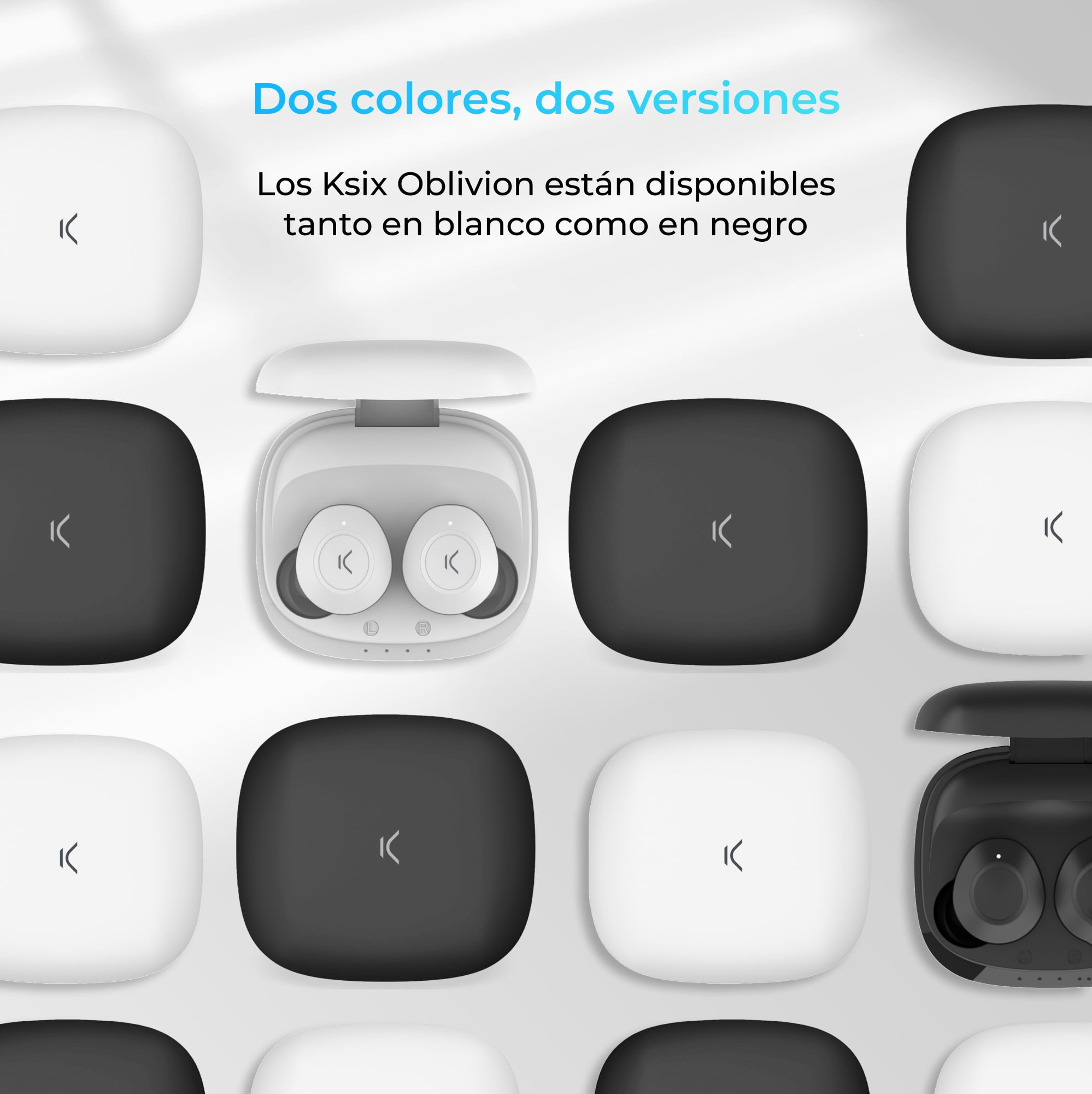 Custodie per auricolari in bianco e nero. Alcune aperte, che mostrano auricolari. Testo: Due colori, due versioni.