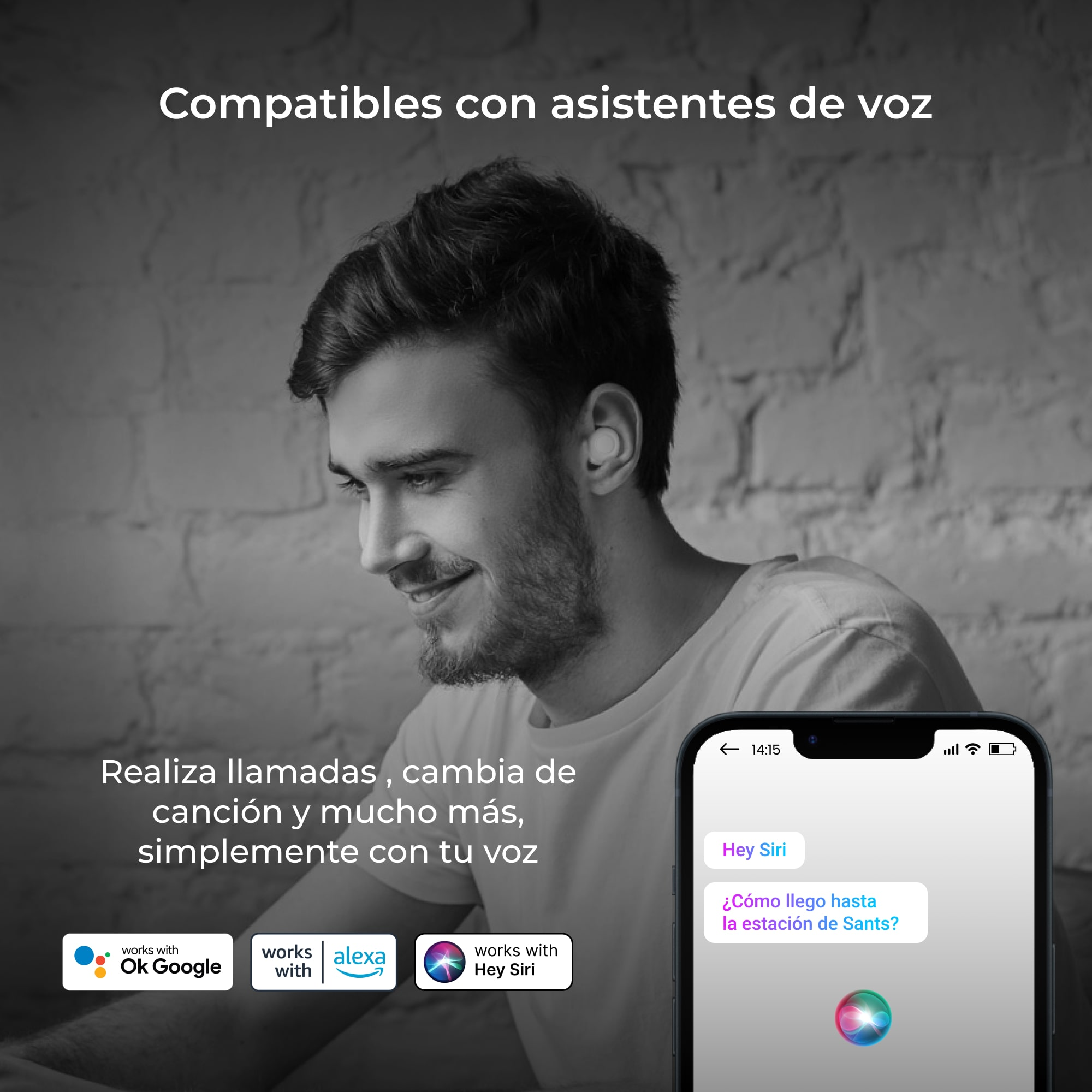 Uomo con auricolari, usa telefono con Siri. Testo: compatibilità assistente vocale.