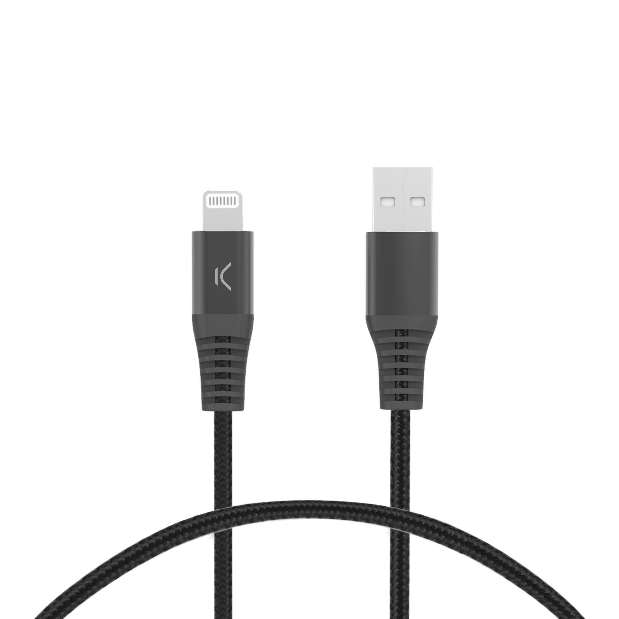 Cable USB a lightning negro y gris, primer plano sobre fondo blanco.